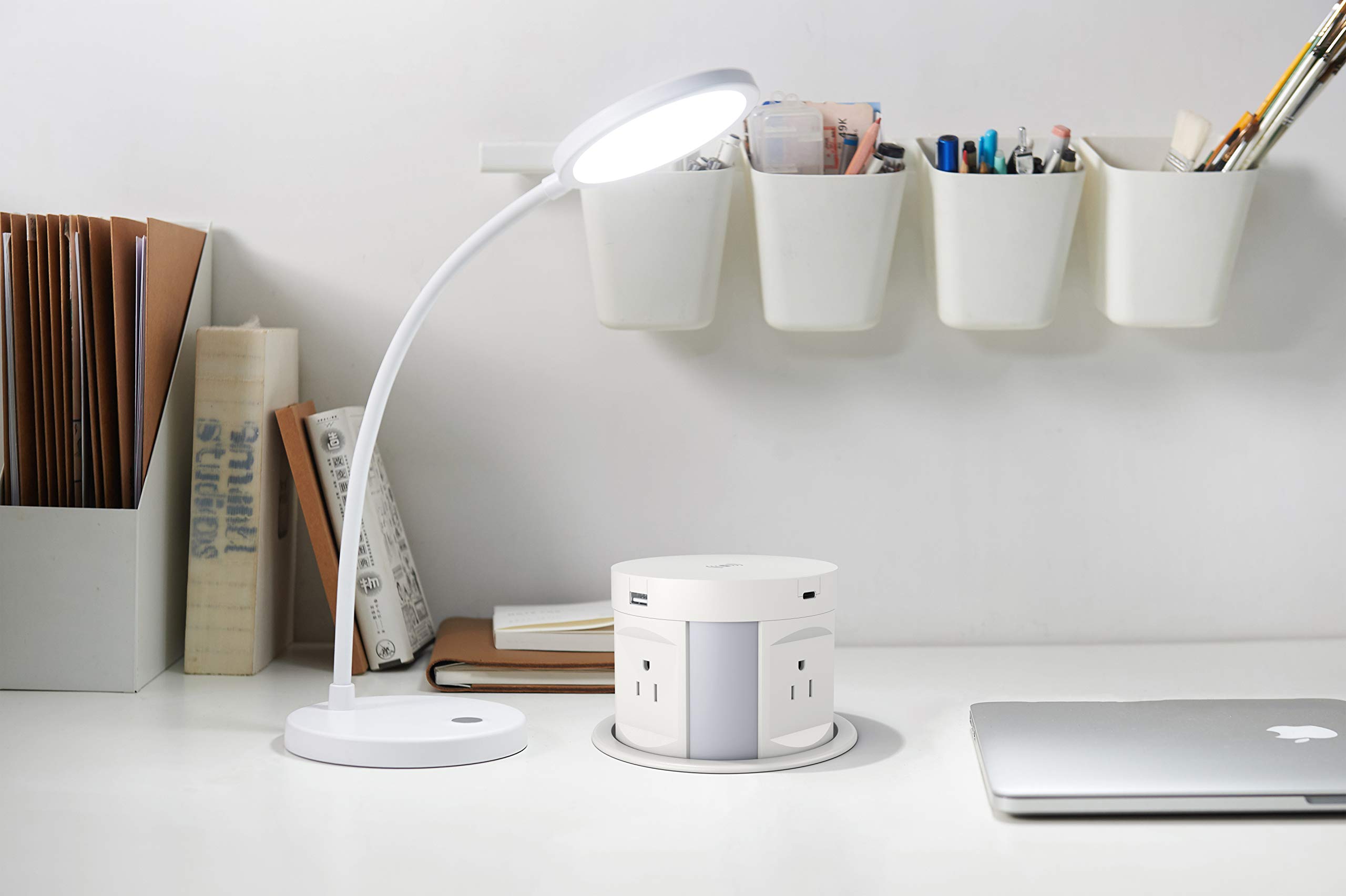 Smart Pop-Up Outlet with Wireless Charger - 4 AC Plugs + USB A/C Ports - Surge Protector for Kitchen Island, Office Desk & Conference Room - ETL Certified - Perfect for Countertops, Workbenches & Home Use
