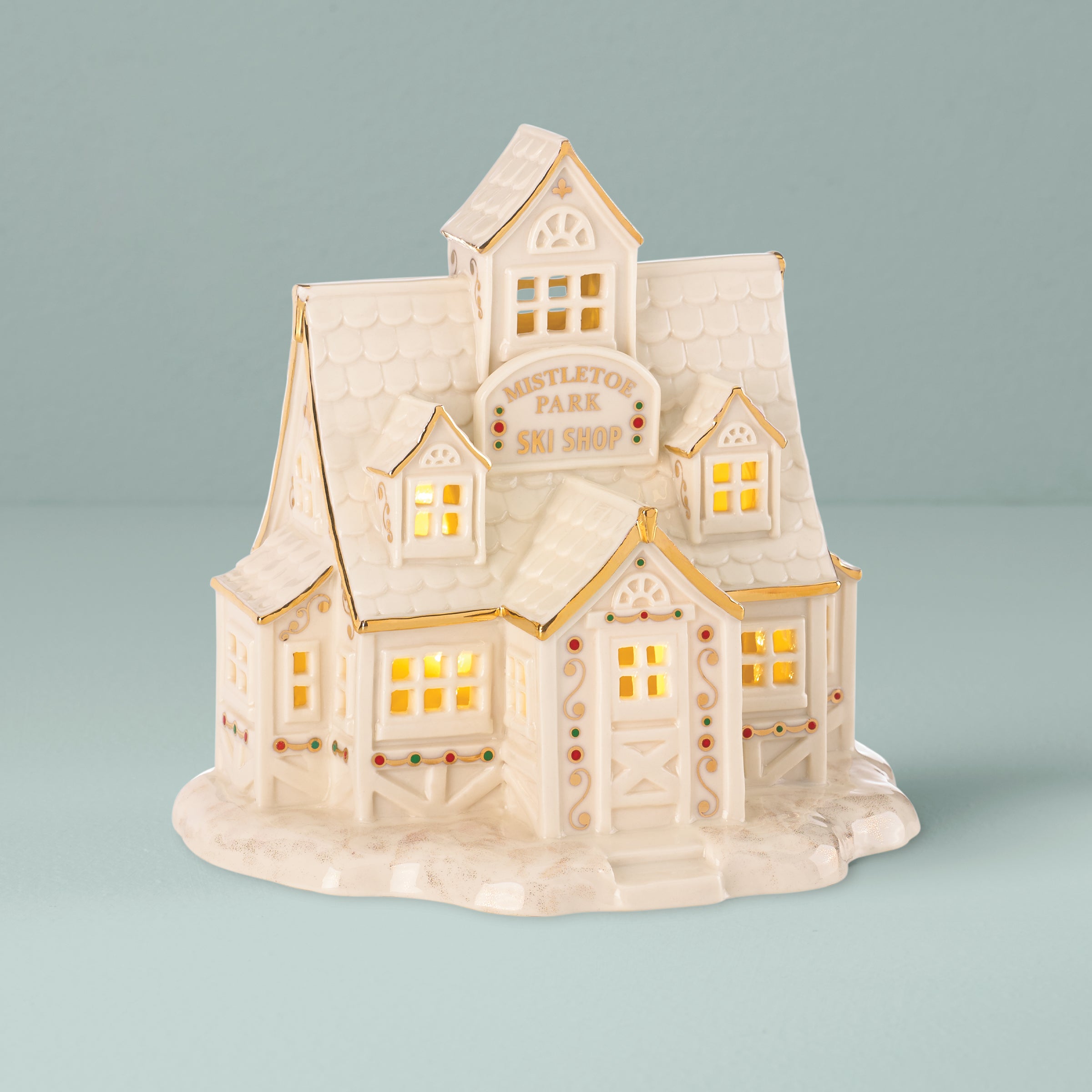 Christmas Mistletoe Park Lit Ski Shop Figurine - Festive Holiday Home Decor for Mantel, Tabletop & Winter Village Displays