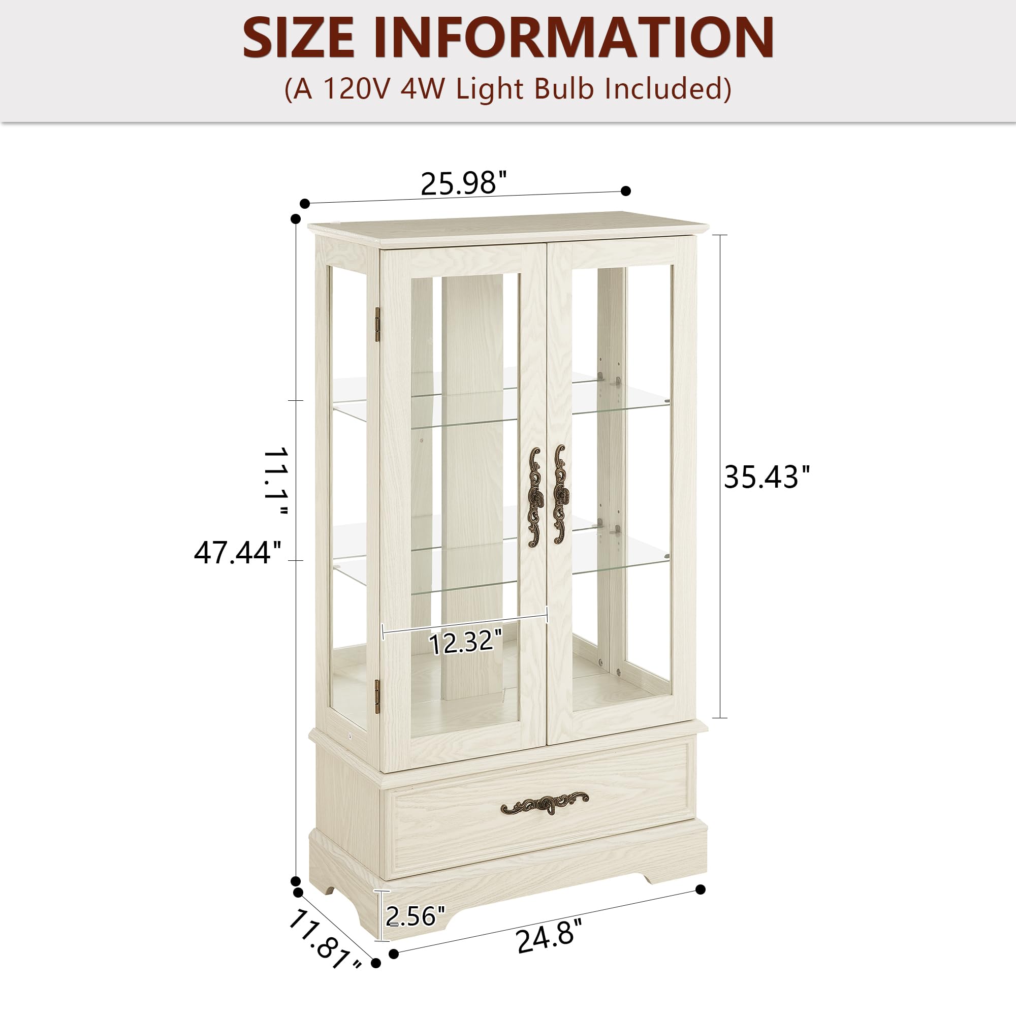 Dolonm White 3-Tier Glass Curio Cabinet with LED Lights & Storage Drawer - Adjustable Shelves Display Cabinet for Living Room, Kitchen, Dining Room - Perfect for Showcasing Collectibles, China, or Home Decor
