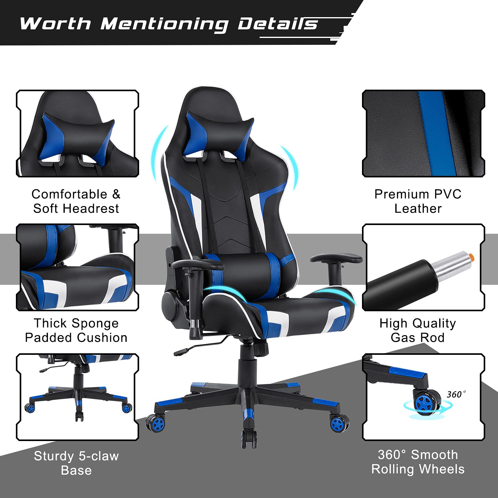 GYMAX Ergonomic Gaming Chair with Massage, Adjustable Headrest & Lumbar Support - Blue Reclining Computer Chair for Office & Home Gaming Setup - Perfect for Esports, Streaming, and Long Work Sessions
