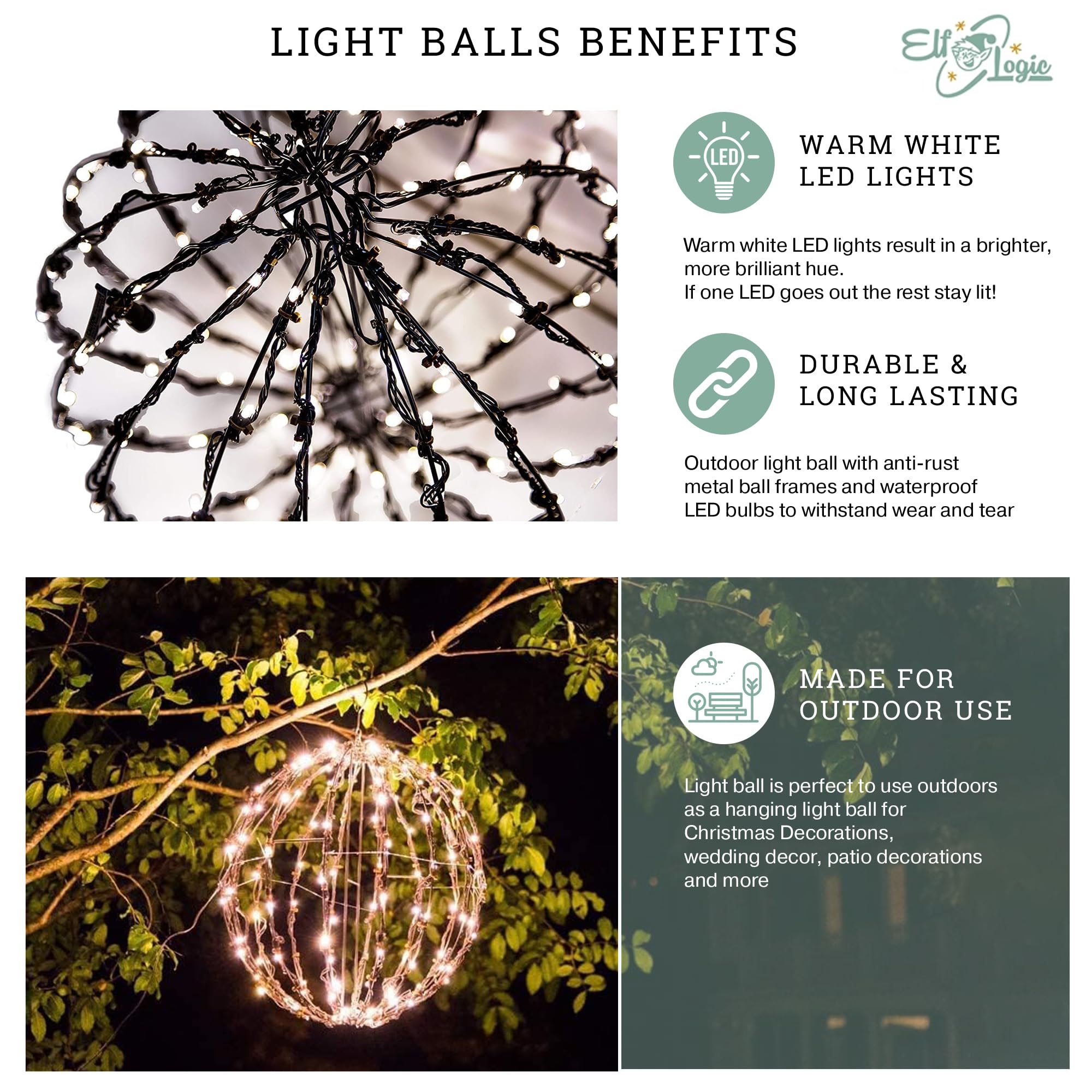 Elf Logic 3 Pack 16” LED Christmas Light Balls - Indoor/Outdoor Waterproof Holiday Decorations | Warm White String Lights for Christmas Tree, Patio, Garden, Wedding & Party Decor | Energy Efficient Durable Decorative Lighting