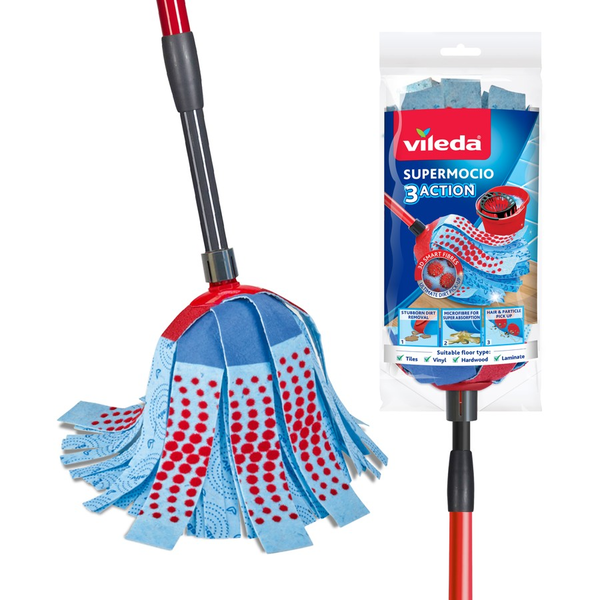 Vileda SuperMocio 3 Action Mop with Extendable Handle - Heavy Duty Floor Cleaning for Hardwood, Tile & Laminate - Perfect for Home, Kitchen & Bathroom Cleaning