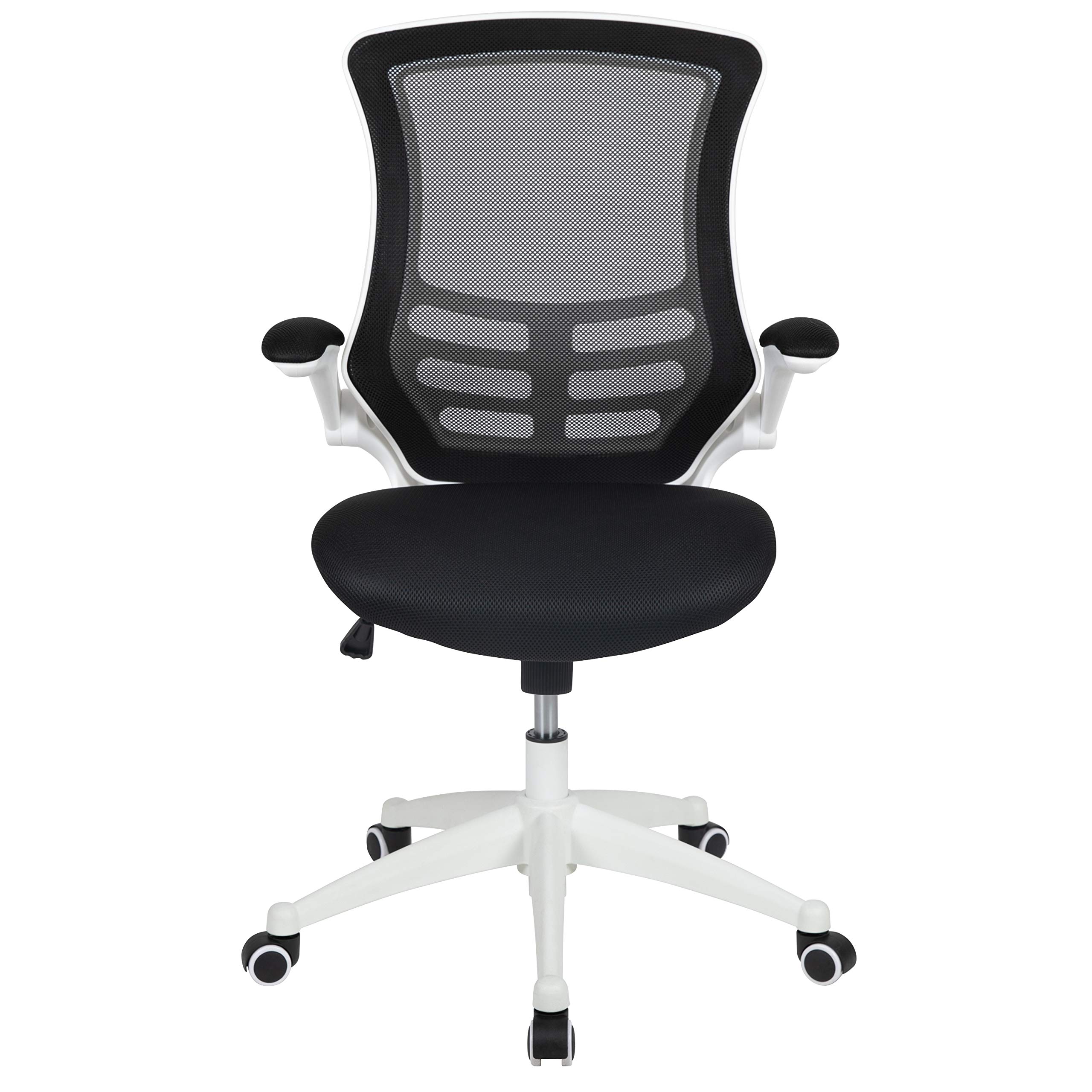 EMMA + OLIVER Black Mesh Ergonomic Office Chair with White Frame - Mid-Back Swivel Task Chair with Flip-Up Arms for Home Office, Gaming & Workspace Comfort