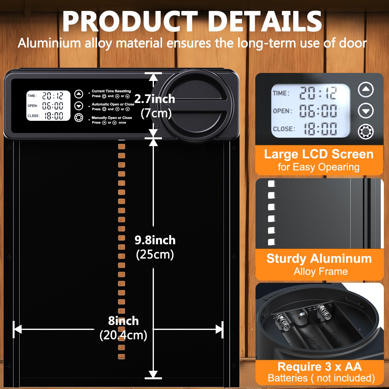Automatic Chicken Coop Door with Timer & Manual Mode - Aluminum Alloy Anti-Pinch Design with Large LCD Screen & Low Battery Alarm | Perfect for Poultry Farms, Backyard Chicken Coops & DIY Enthusiasts