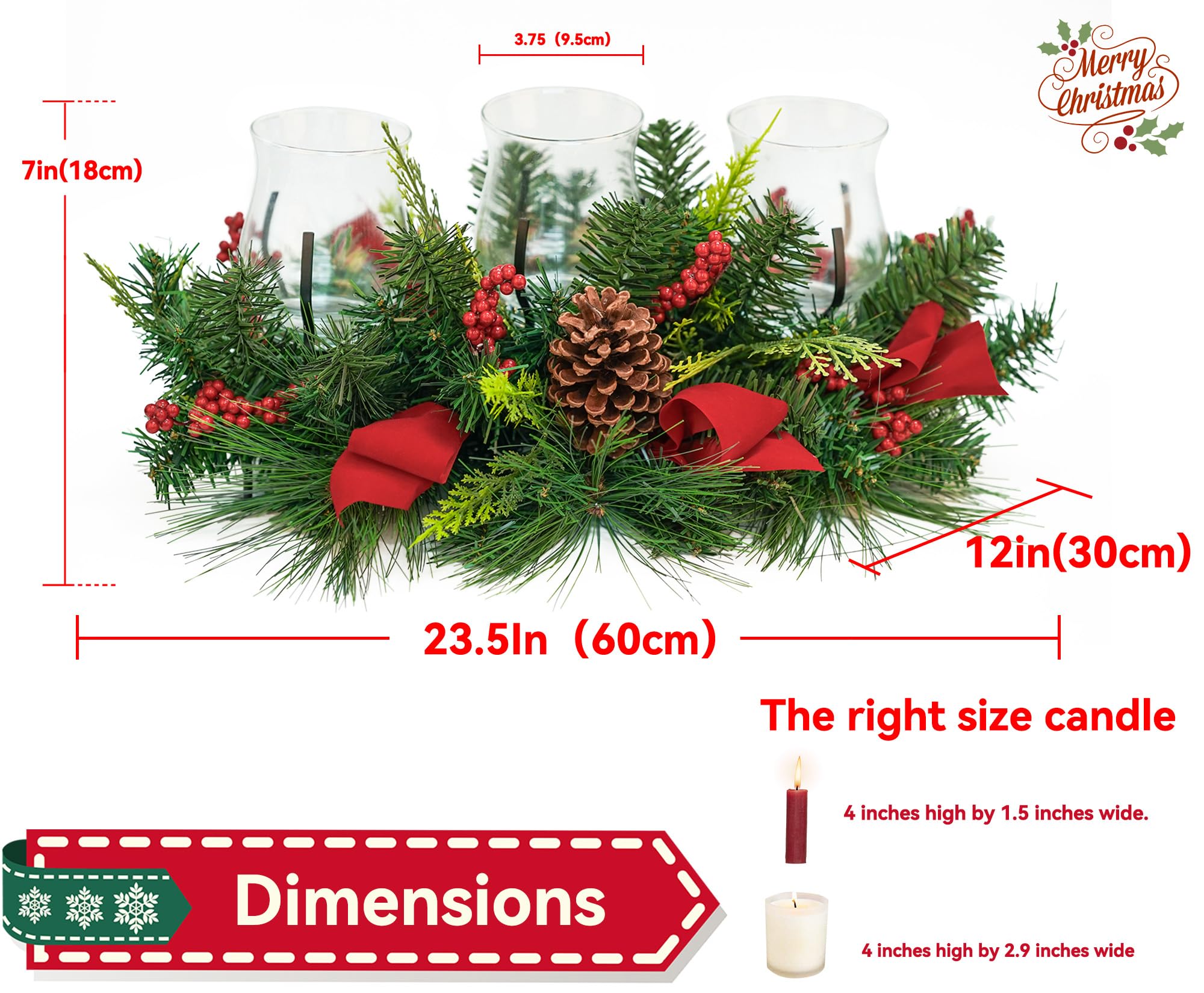 Christmas Candle Holder Set of 3 - Rustic Iron Evergreen Pinecone & Red Berry Centerpiece with Glass Cover - Holiday Table Decor for Home, Party, Wedding & Christmas Tree Decoration