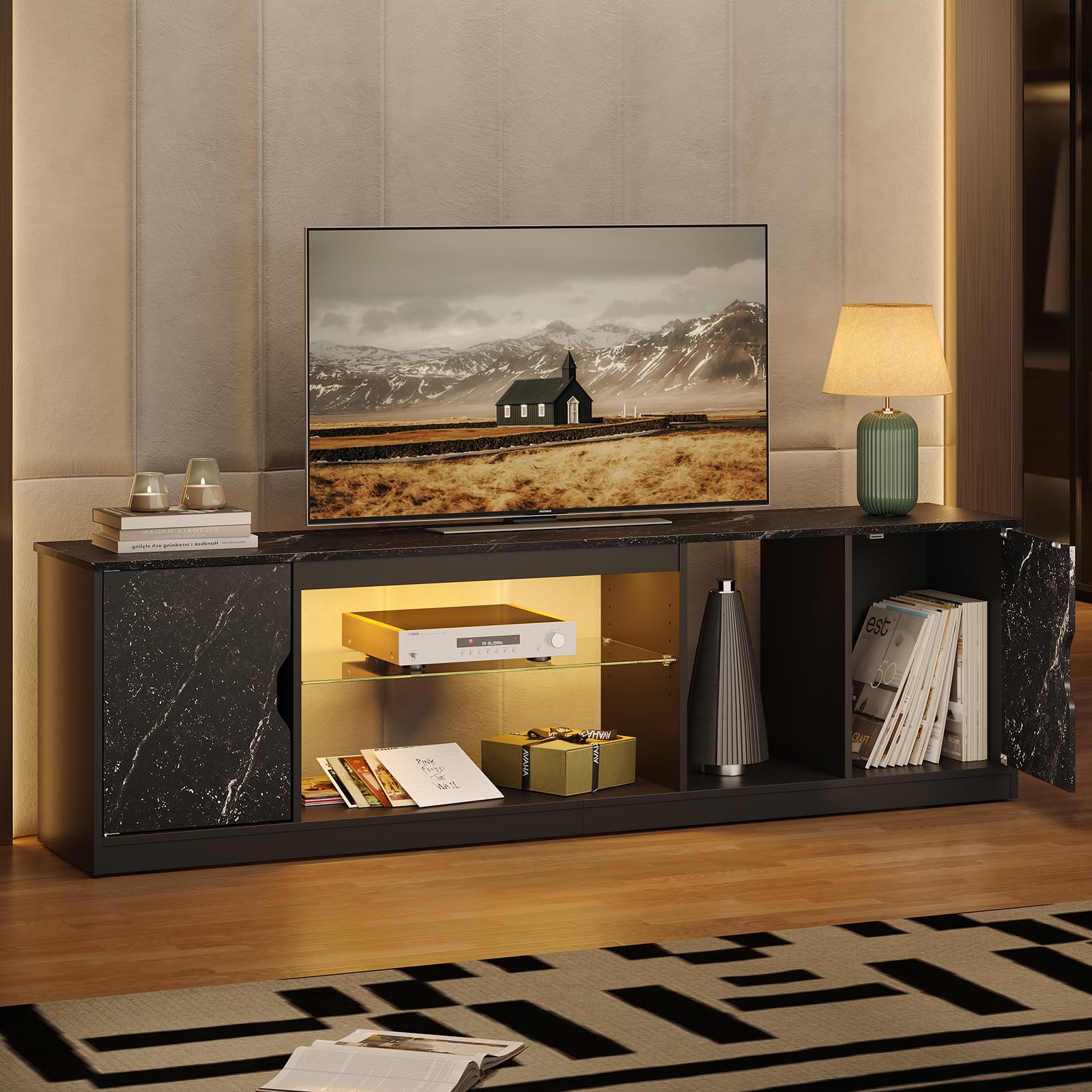 Bestier 70 Inch TV Stand with Storage for 65/70/75/80 Inch TVs - Modern Entertainment Center Console with Adjustable Glass Shelves, Black Marble Finish - Perfect for Living Room, Bedroom, Gaming Setup with PS5/Xbox