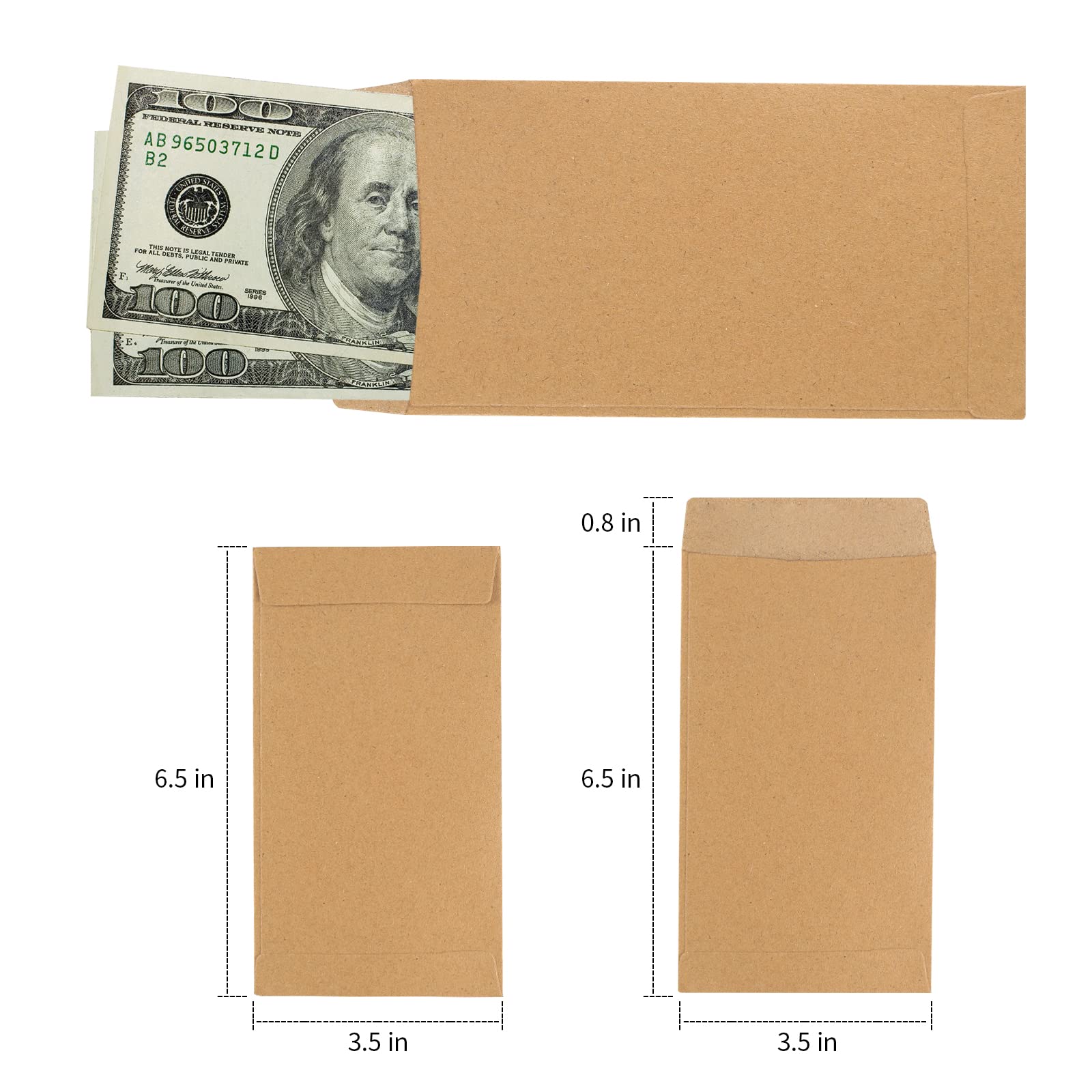 Granhoolm 50 Pack Large Cash Envelopes 3.5 x 6.5 inch - Budgeting Envelopes for Money Savings, Cash Organizer for Envelope System, Brown - Perfect for Dave Ramsey Budgeting, Cash Stuffing & 100 Envelope Challenge