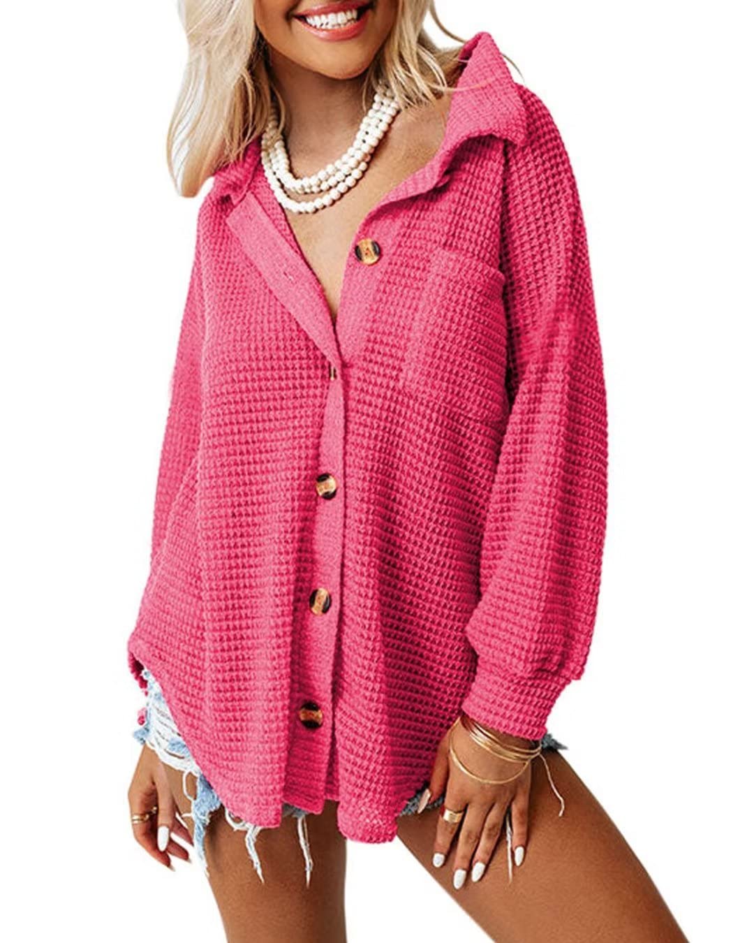Women's Waffle Knit Shacket - Long Sleeve Button Down Shirt Blouse for Casual & Dressy Outfits | Perfect for Fall Layering, Office Wear & Weekend Outings