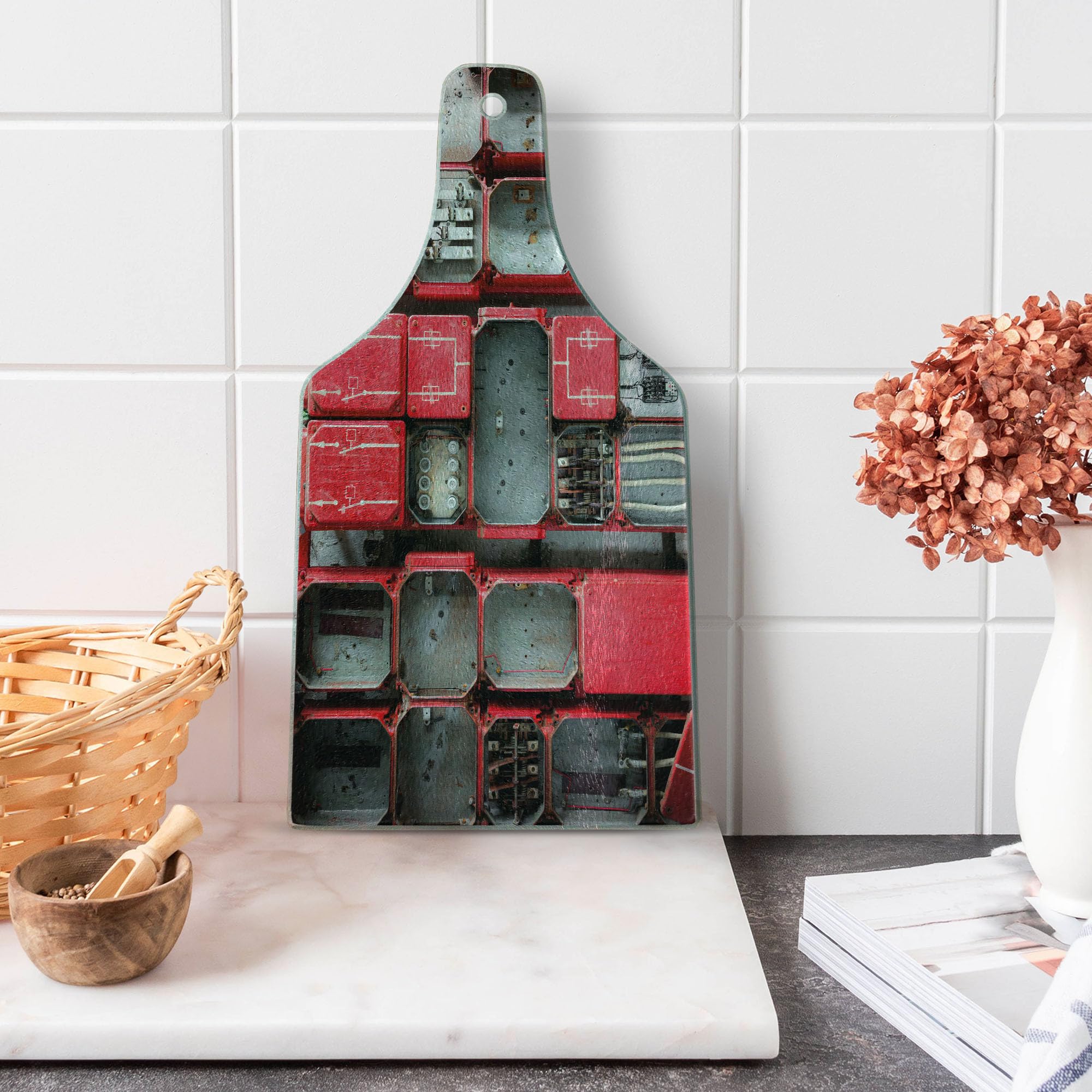Ambesonne Industrial Style Cutting Board - Tempered Glass Serving Board with Fuse Cabinet Design, Red White Grey - Perfect for Kitchen Prep, Charcuterie, and Wine Serving