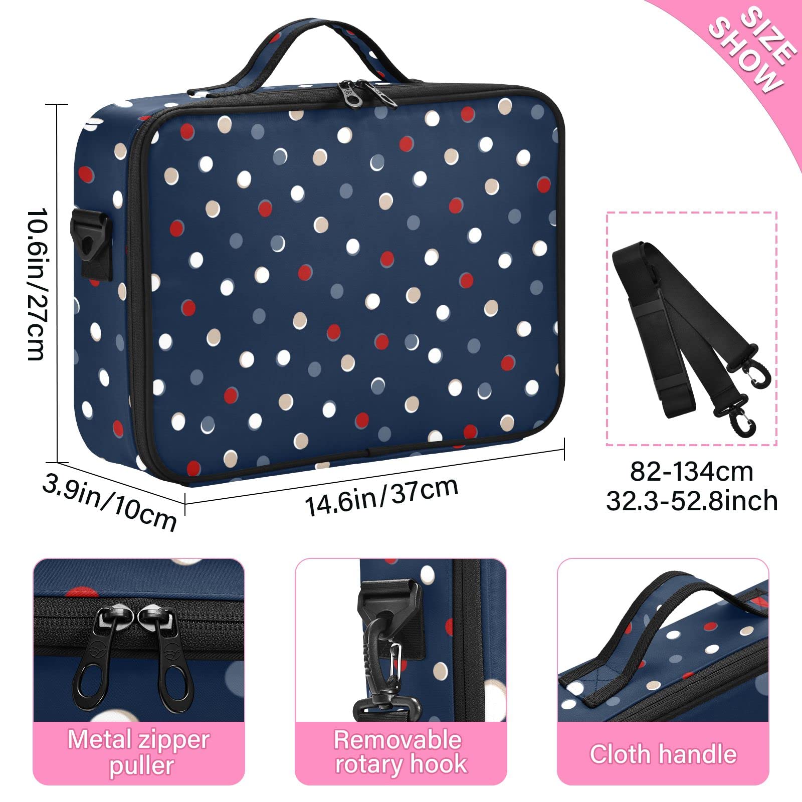 Moyyo Navy Blue Dotted Travel Makeup Bag for Women - Professional Cosmetic Organizer Case with Portable Storage - Perfect for Travel, Salon, and Everyday Makeup Organization