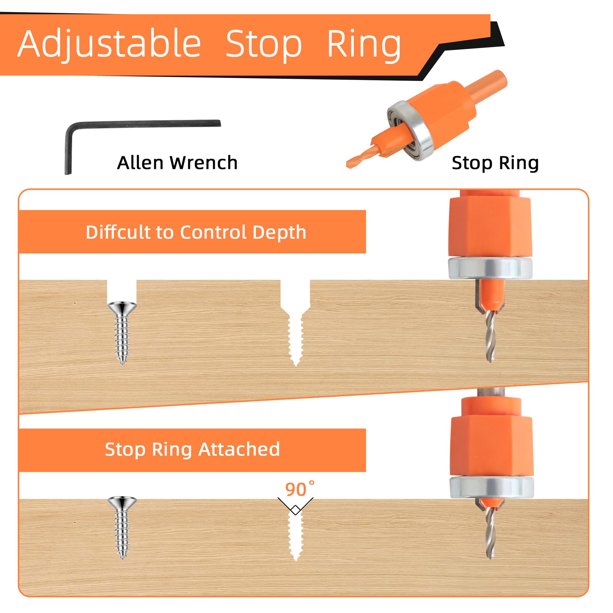 5Pcs Countersink Drill Bit Set - Adjustable Depth Woodworking Kit with 1/8