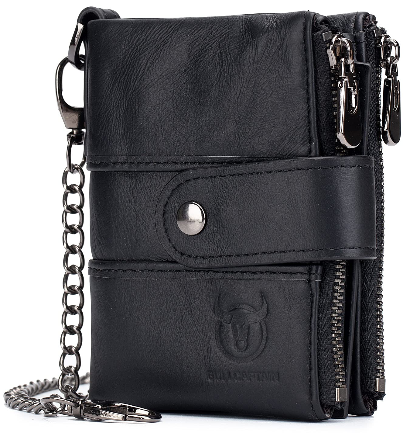 BULLCAPTAIN Genuine Leather RFID Blocking Anti-Theft Bifold Wallet for Men - Double Zipper Coin Purse with ID Window (Black) | Perfect for Travel, Business & Everyday Use