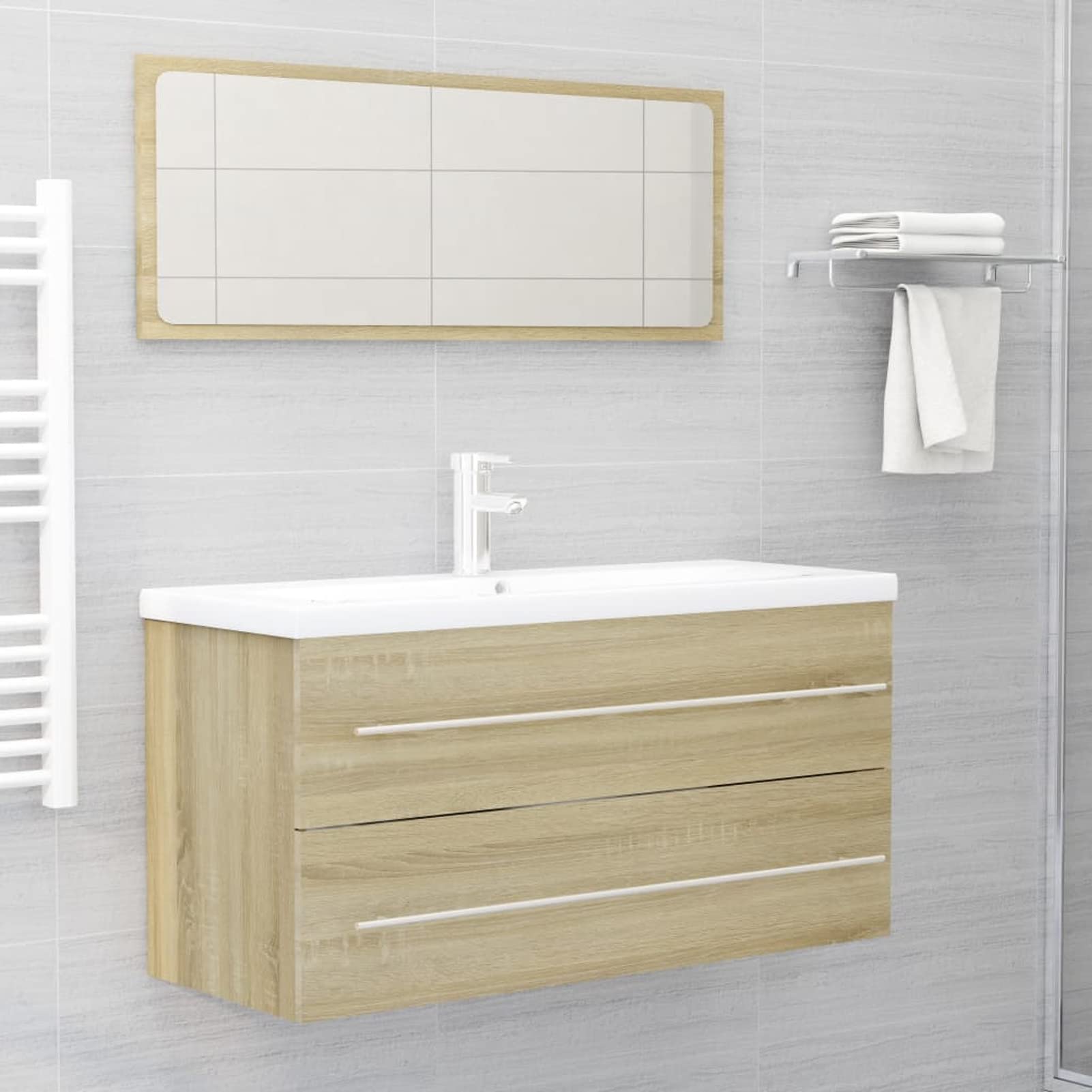 Festnight 2-Piece Bathroom Vanity Set with Mirror & Storage Cabinet - Sonoma Oak Finish Chipboard - Perfect for Small Bathrooms, Powder Rooms & Apartment Bathroom Organization