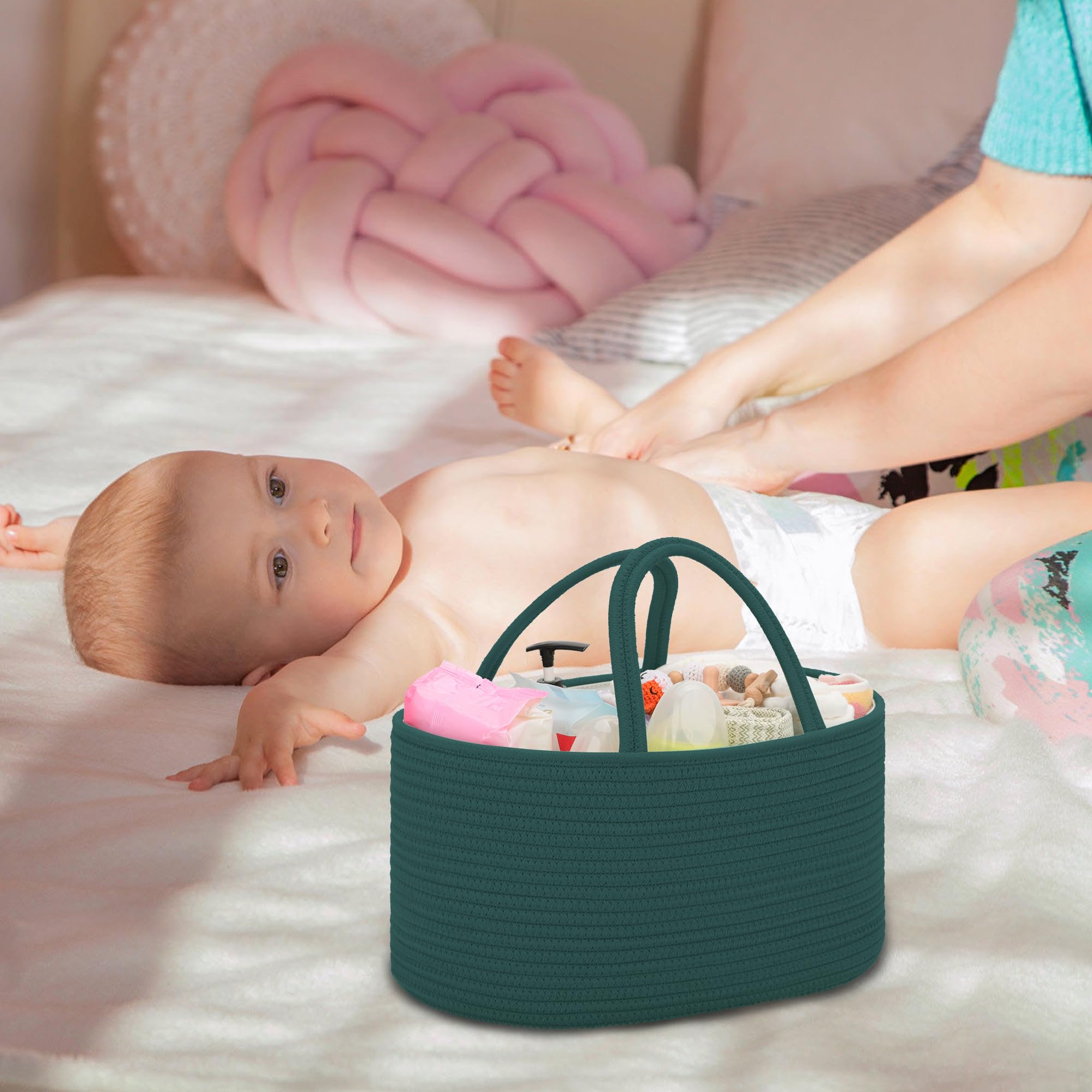 COMSE Baby Diaper Caddy Organizer - Portable Diaper Basket with Dividers, Baby Car Organizer & Changing Station - Perfect for Nursery, Travel & Baby Shower Gifts (Dark Green) - Essential Newborn Registry Must Have for Diaper Storage & Organization
