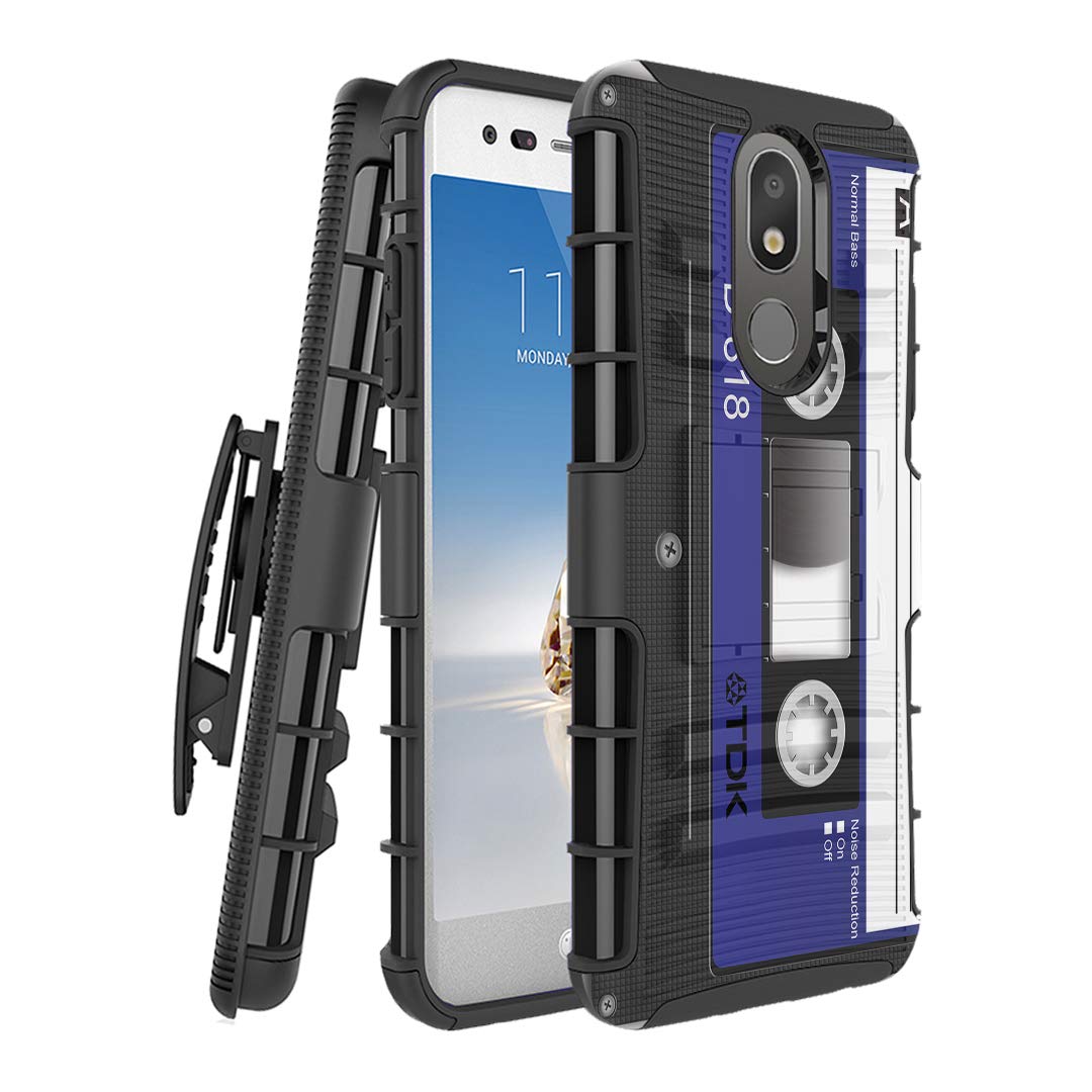 Military Grade Shockproof Kickstand Case for LG Escape Plus LM-X320CM - Heavy Duty Belt Clip Holster & Phone Cover (Blue Cassette Tape) - Perfect for Outdoor, Work & Active Lifestyles