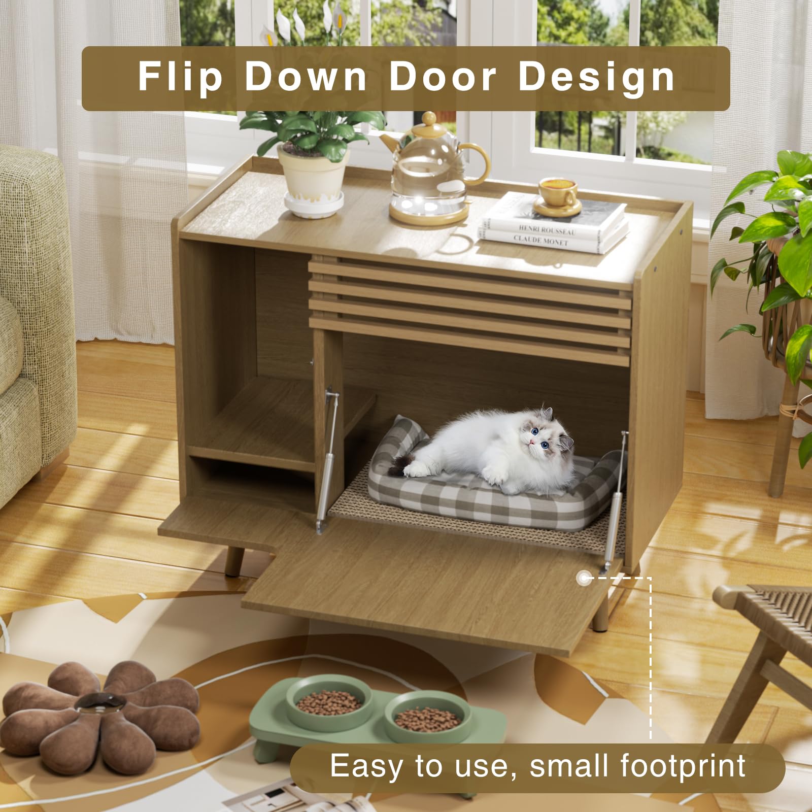 Mid-Century Modern Cat Litter Box Enclosure Furniture - Hidden Litter Box Cabinet with Scratch Pad & Flip-Down Door, Natural Wood End Table for Living Room | Pet Washroom Solution for Home Decor