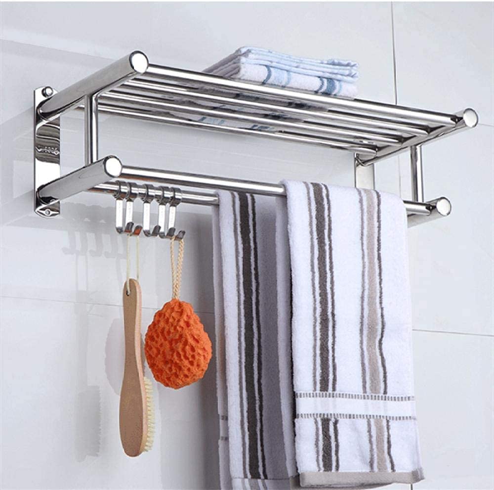 Stainless Steel Wall Mounted Towel Rack with Hooks - Double Towel Bar Rail & Storage Shelf Holder for Bathroom & Kitchen - 40cm & 50cm Options - Perfect for Small Spaces & Modern Home Decor
