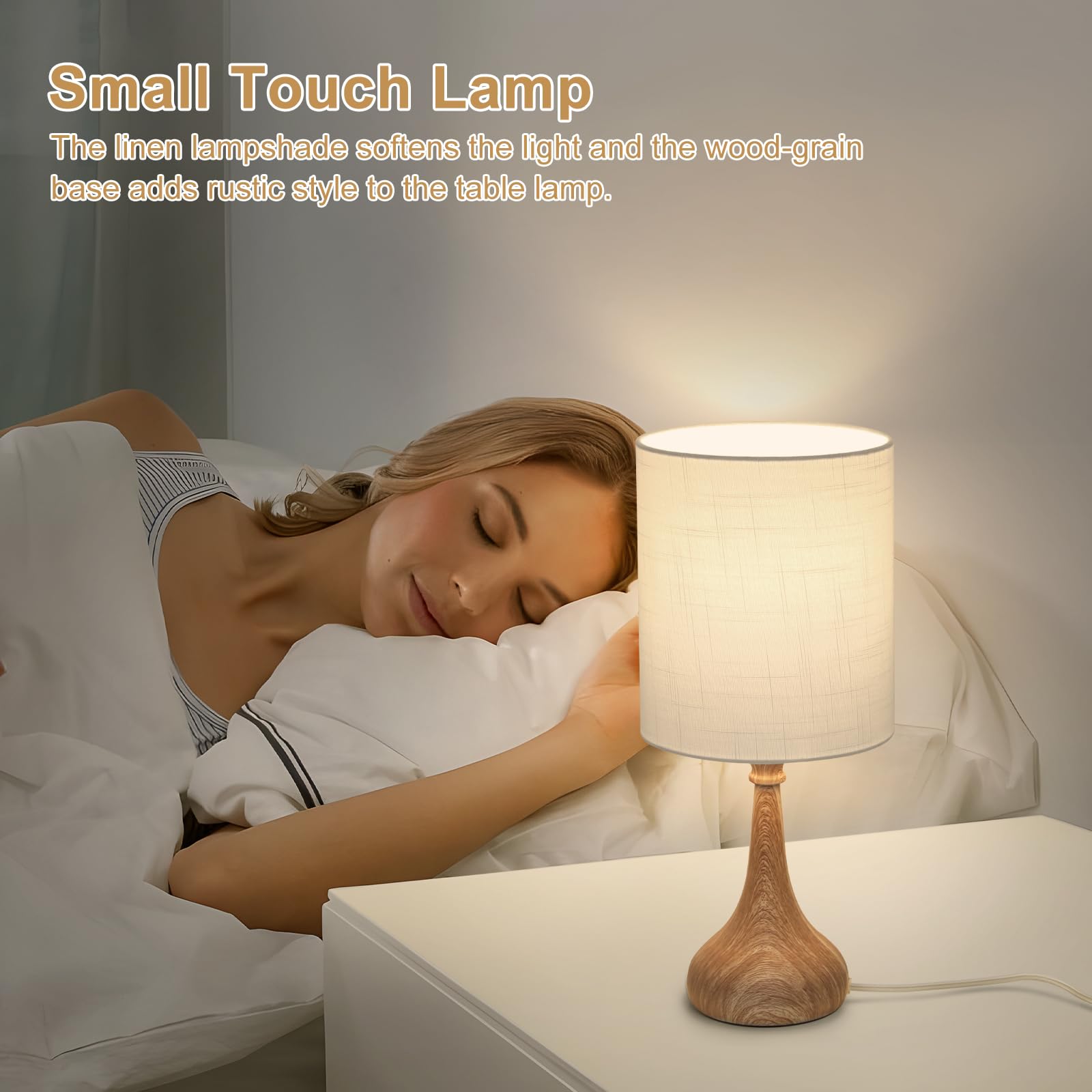 Dimmable Touch Control Table Lamp with Wood Grain Base - 9W 3000K LED Bedside Night Light for Bedroom, Office & Living Room | Perfect for Reading, Relaxing & Nightstand Decor