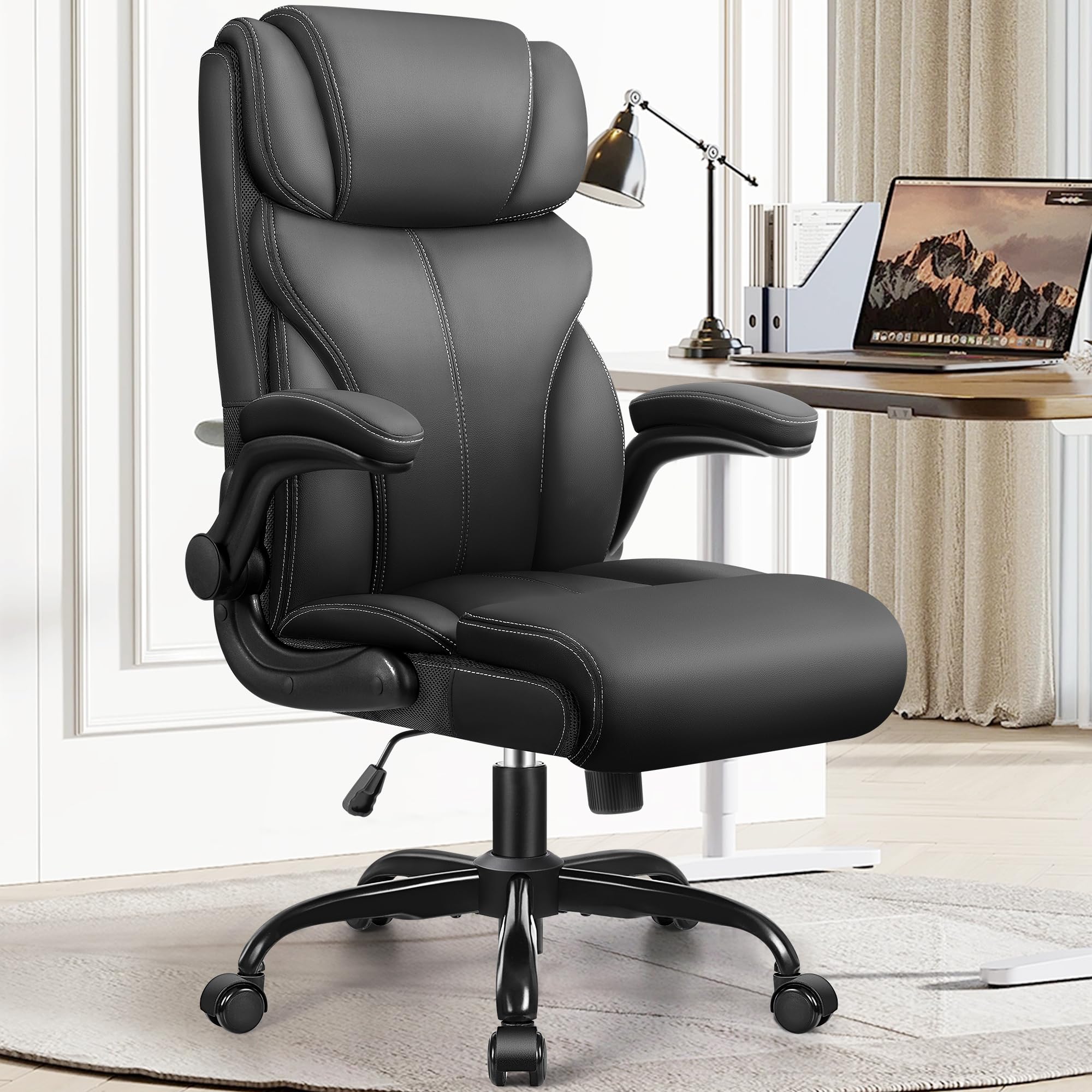Ergonomic Big and Tall Office Chair - Adjustable High Back Executive Computer Desk Chair with Breathable Leather, Flip-Up Armrests & Lumbar Support - Swivel & Rocking PC Gaming Chair for Home Office, Workstation & Conference Room