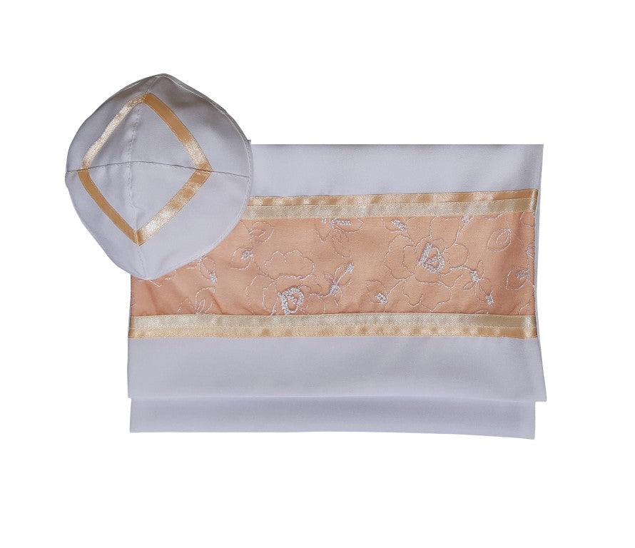 Floral Apricot Peach Embroidered Women's Tallit Shawl - Elegant Bat Mitzvah Prayer Set for Girls & Women - Perfect for Synagogue Services, Jewish Ceremonies & Special Occasions