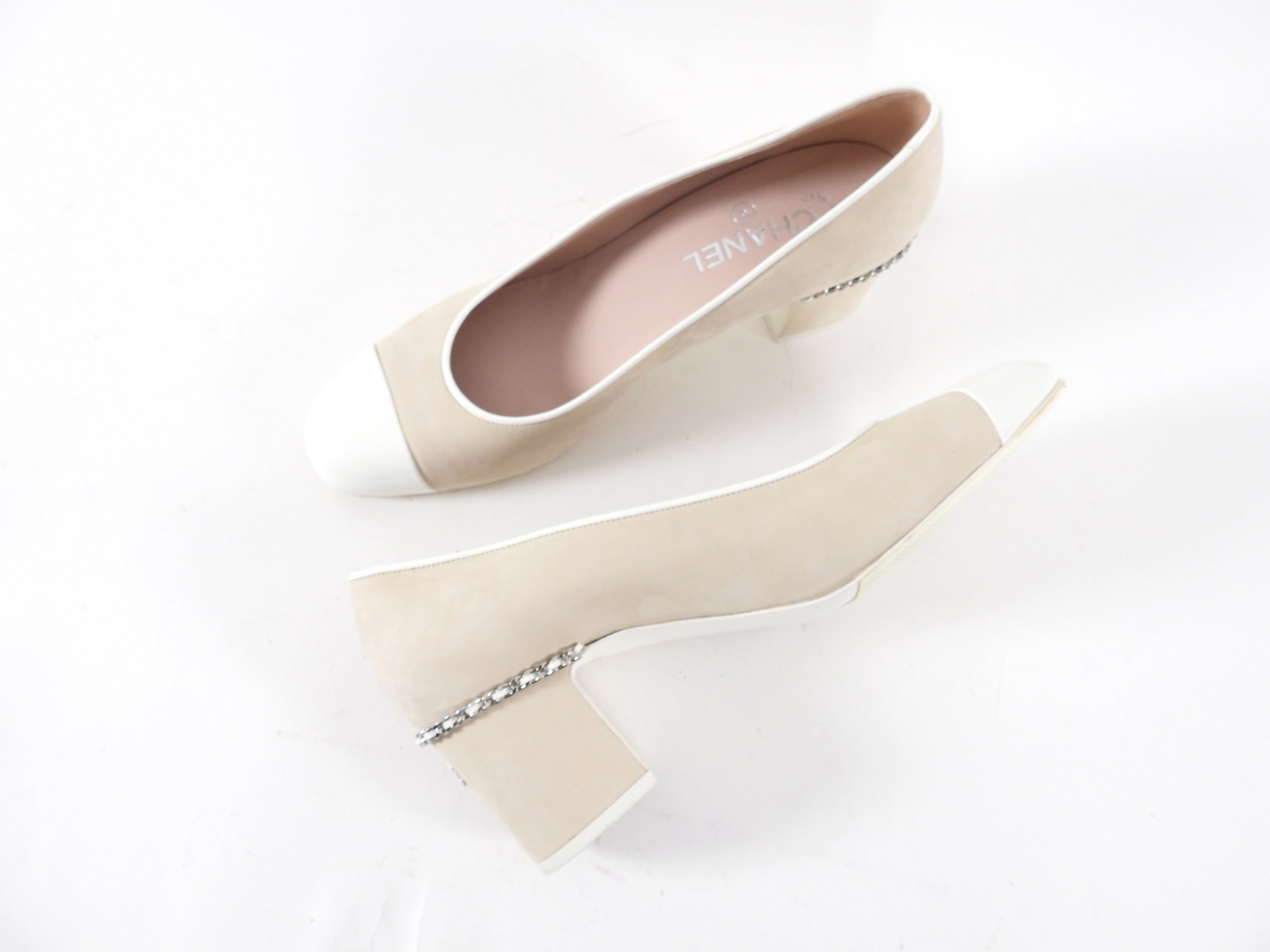Chanel Light Beige Suede & White Patent Leather Cap-Toe Chain Pumps - Women's Size 41 (US 10) - Perfect for Weddings, Office & Evening Events