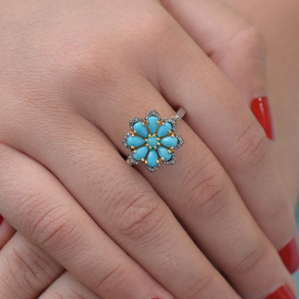 Handmade Natural Diamond Ring for Women - 0.19 Carat Brown Diamond (I2-I3 Clarity) & 1.45ct Blue Turquoise Flower Ring - Elegant Anniversary & Birthday Gift for Her - Perfect for Weddings, Date Nights & Special Occasions