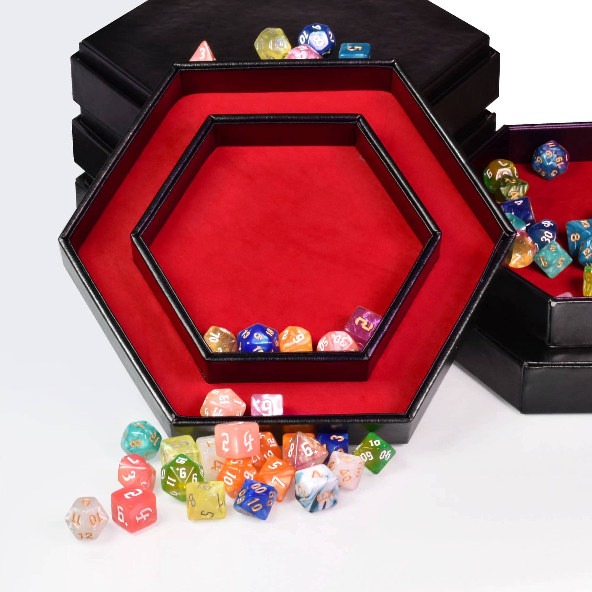 Premium Hexagonal D&D Dice Tray - 2-in-1 Rolling & Storage Tray with Faux Leather, Red Color for Dungeons & Dragons, Magic: The Gathering, RPG Games - Perfect for Tabletop Gaming Sessions & Dice Organization