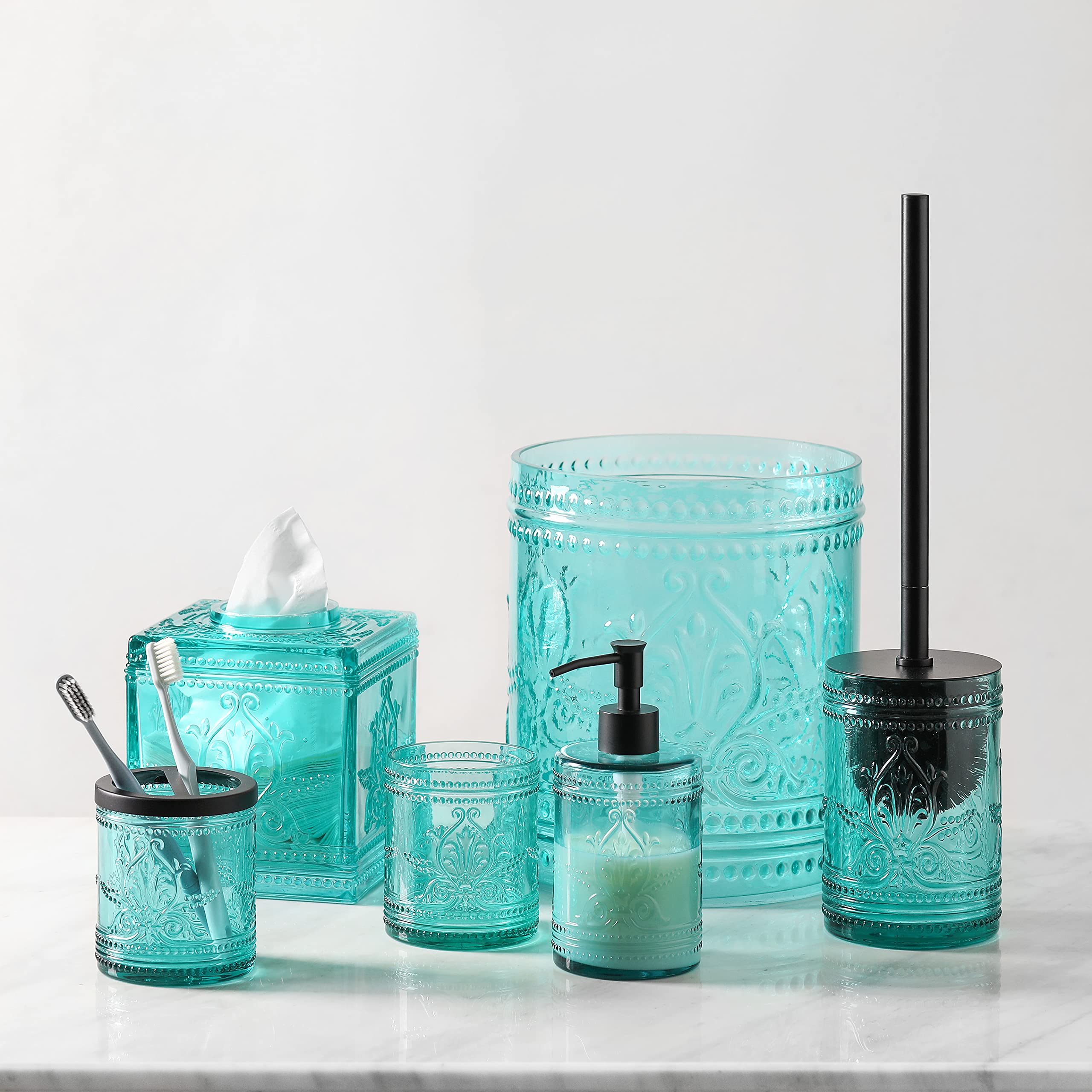KMwares 2.6-Gallon Thick Glass Wastebasket - Durable Odor-Free Trash Can with Lid, Easy to Clean Decorative Bin for Kitchen, Bathroom, Office & Living Room - Stylish Teal Blue Home Decor Garbage Can