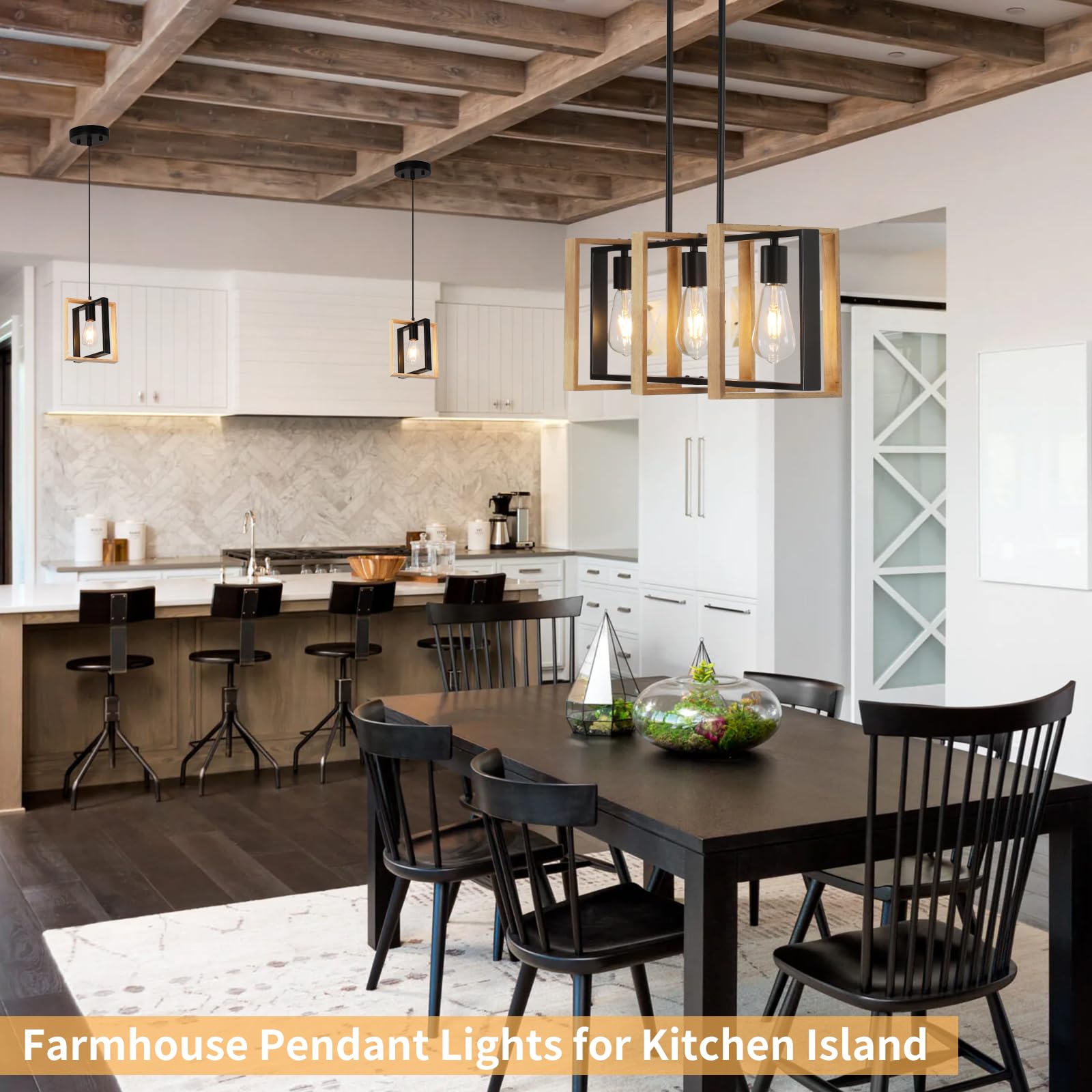 Farmhouse Kitchen Island Pendant Lights - Adjustable 3-Light Black Wood Hanging Fixtures for Modern and Rustic Kitchen Decor