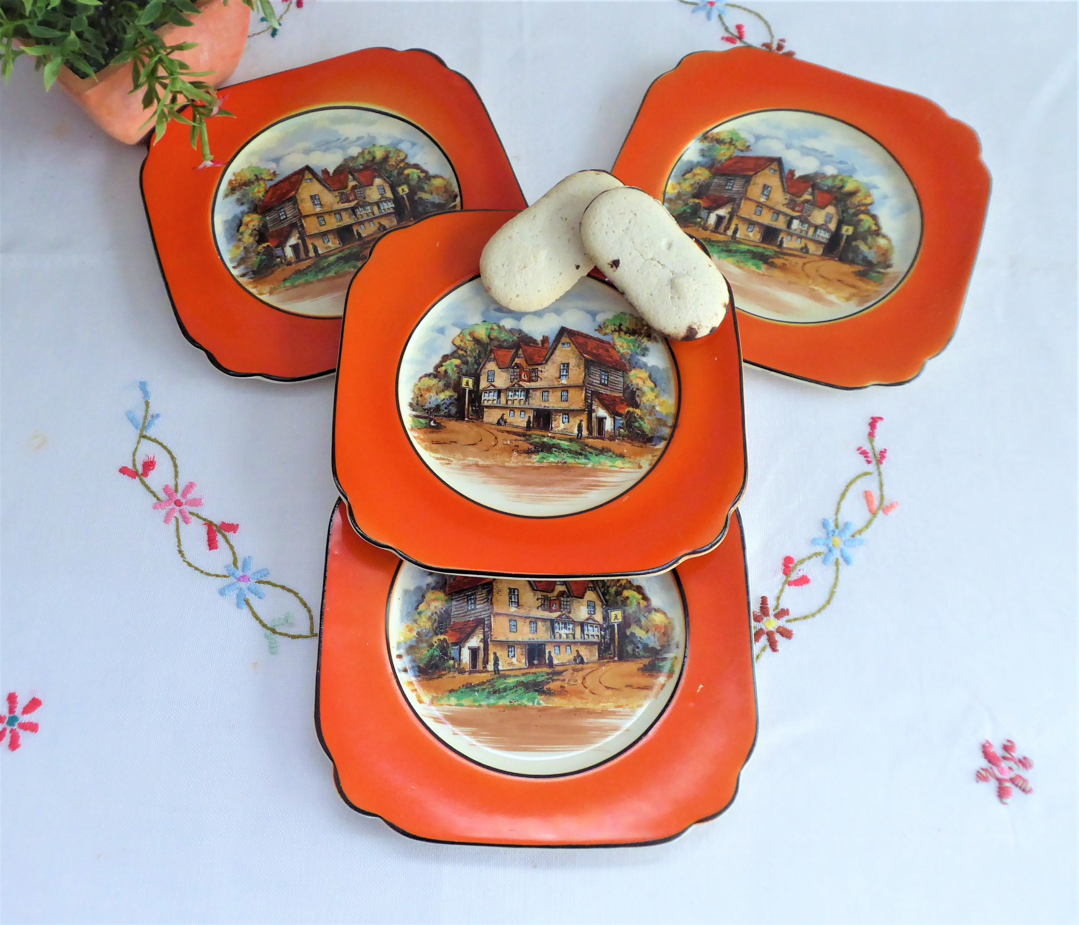 Vintage Orange Border English Pub 4-Side Plates Set - 6 Inches with Black Trim (1940s Style) - Perfect for Pub Decor, Retro Dining, and Collectible Dishware