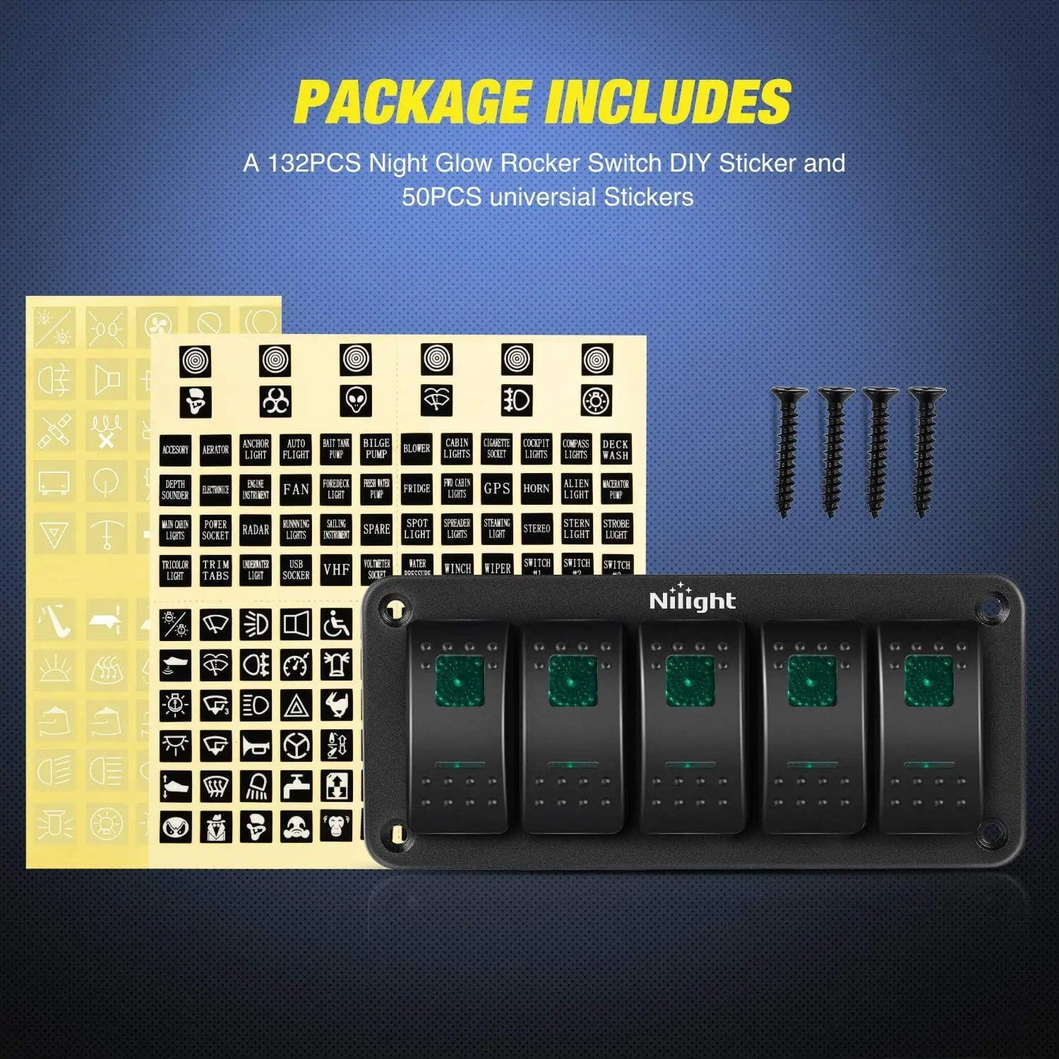 5 Gang Aluminum 5 Pin ON/Off Green Rocker Switch Panel - Heavy Duty Electrical Control for Marine, RV, Automotive & Industrial Applications