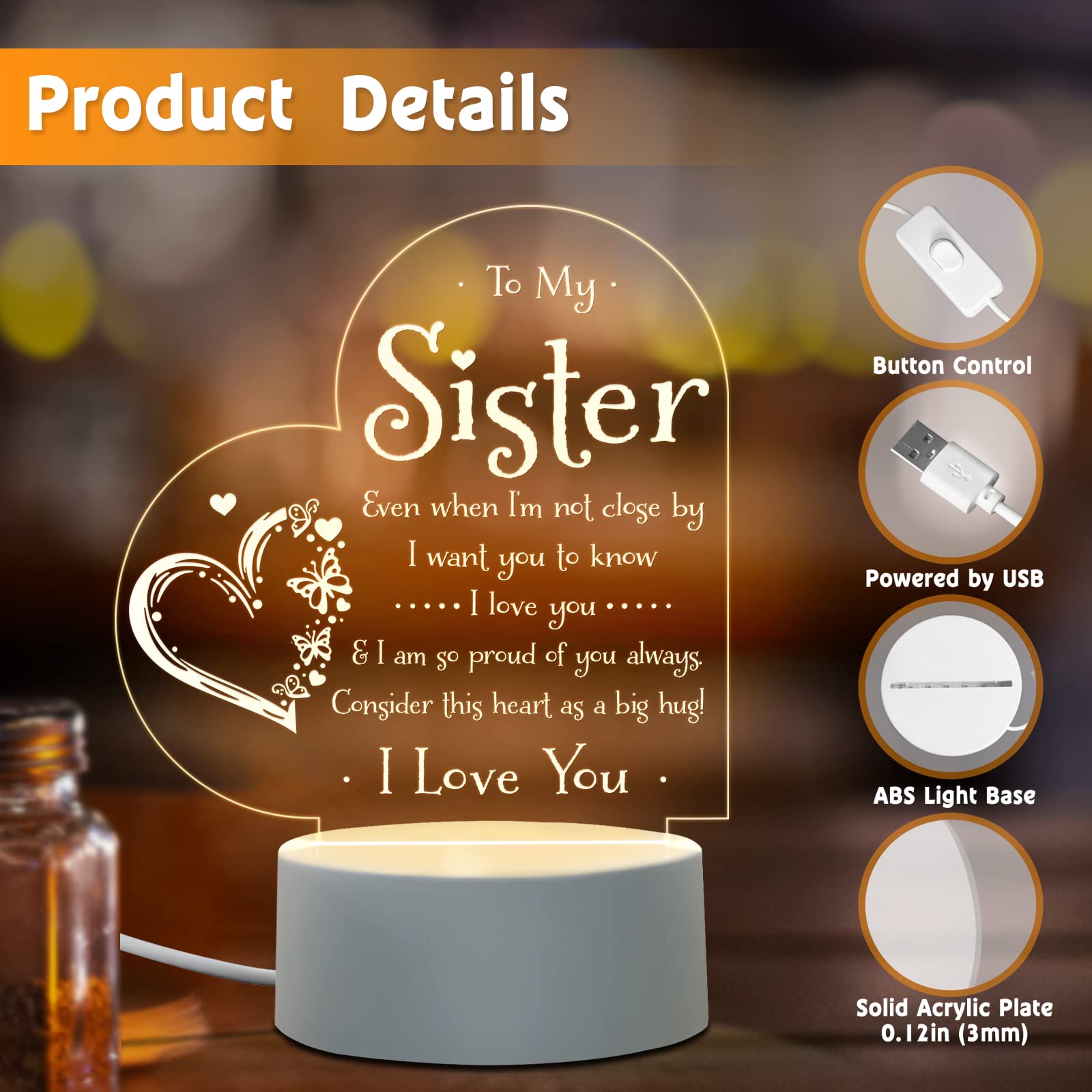 Personalized Sister Night Light - Custom Engraved Birthday Gift for Sister, Mothers Day, Graduation, Wedding & Christmas - Heartwarming Bedside Lamp for Sister from Brother/Sister - Perfect for Bedroom, Nursery & Gift Giving Occasions
