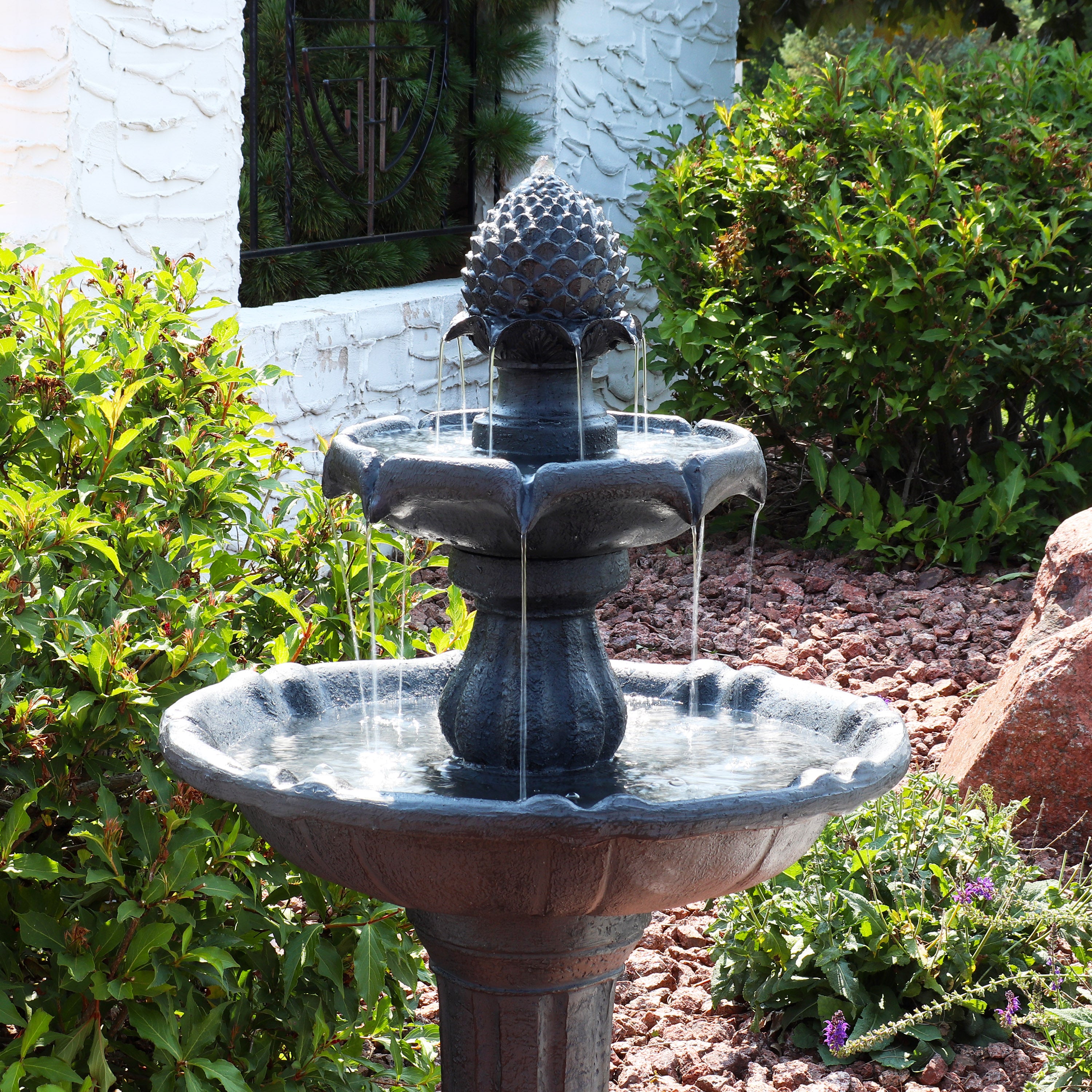 Sunnydaze 2 Tier Pineapple Solar Fountain with Battery Backup - 46
