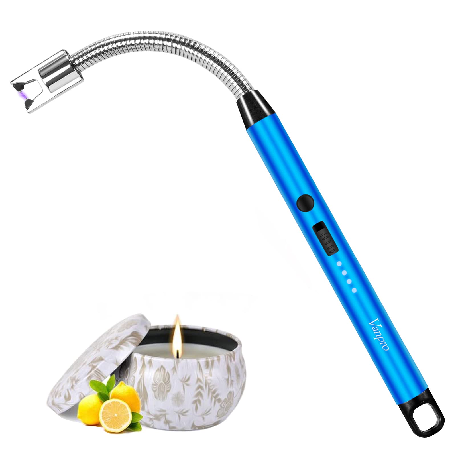 Vanpro Rechargeable Arc Lighter with LED Battery Display - 360° Flexible Neck, Flameless & Windproof - Perfect for Lighting Candles, Gas Stoves, Camping, BBQ & Outdoor Activities (Blue)