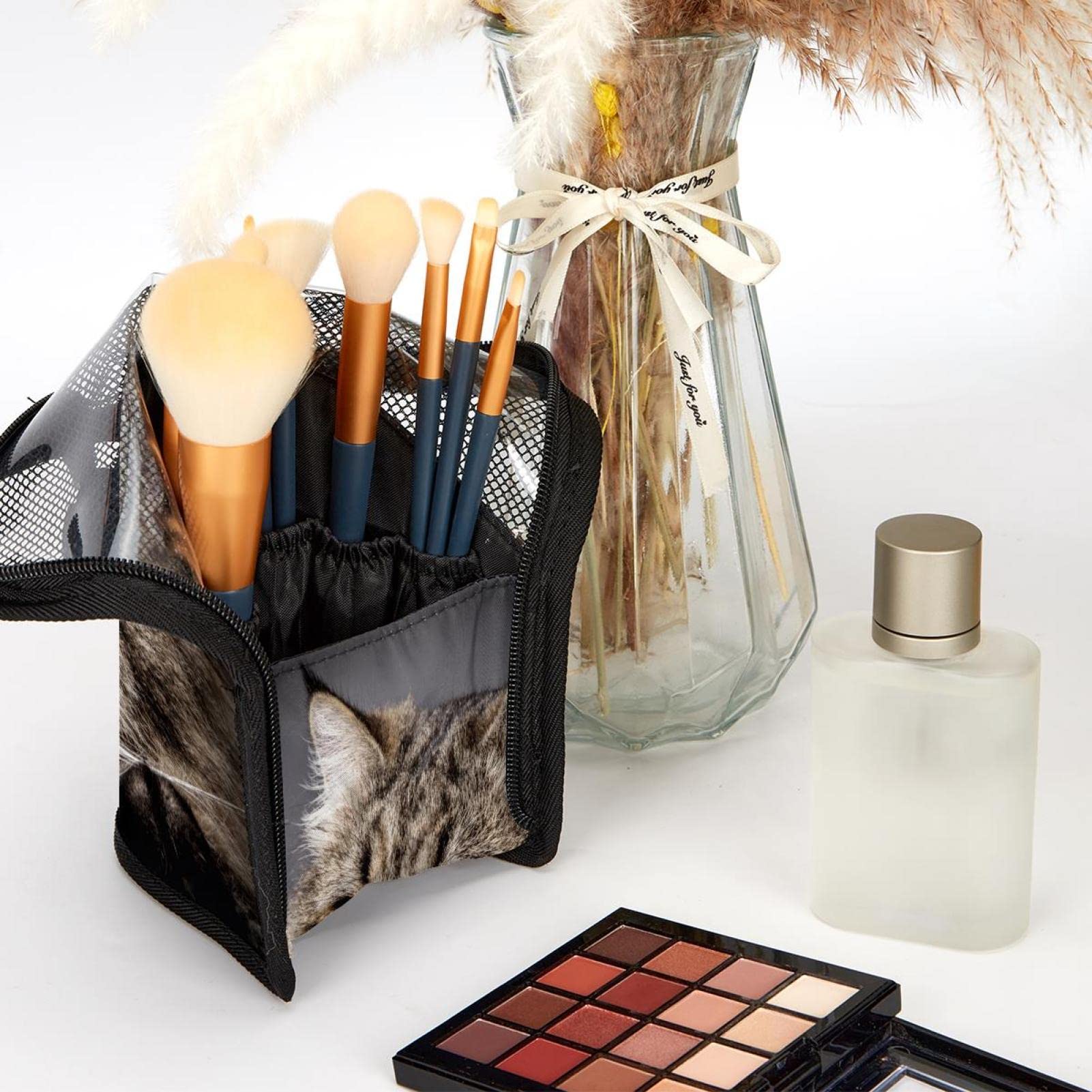 12-Piece Makeup Brush Organizer Bag with Pet Portrait Cat Design - Portable Cosmetic Brush Holder Case for Travel & Home Storage