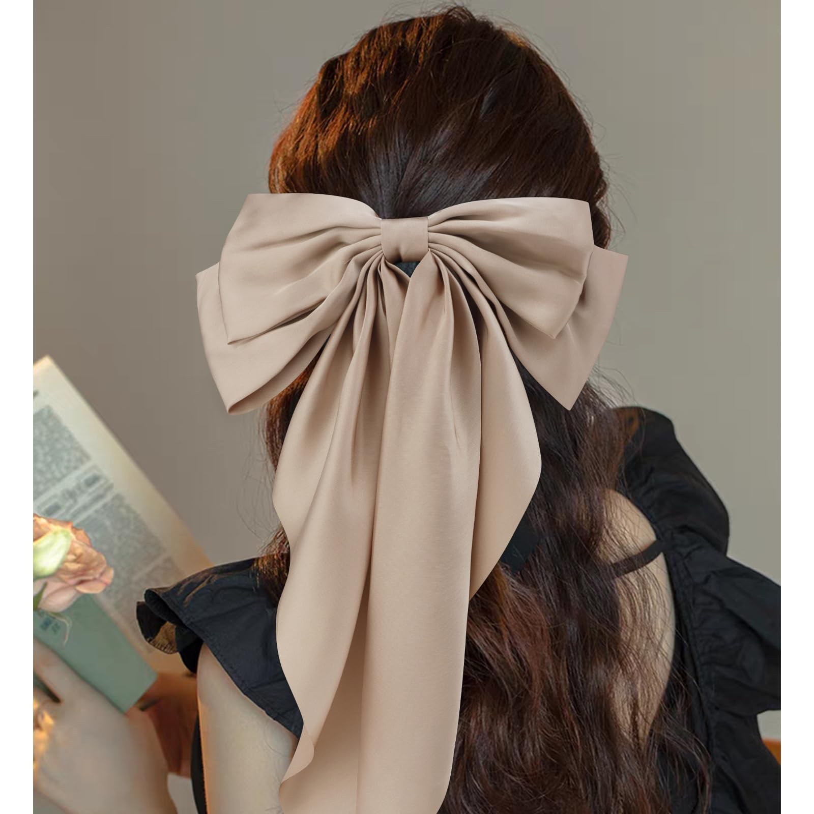3Pcs Women's Hair Bows Set - White, Black & Khaki Oversized Satin Hair Accessories with Long Tails, Barrettes & Clips | Perfect Gift for Girls, Teens & Women | Great for Weddings, Parties & Daily Styling
