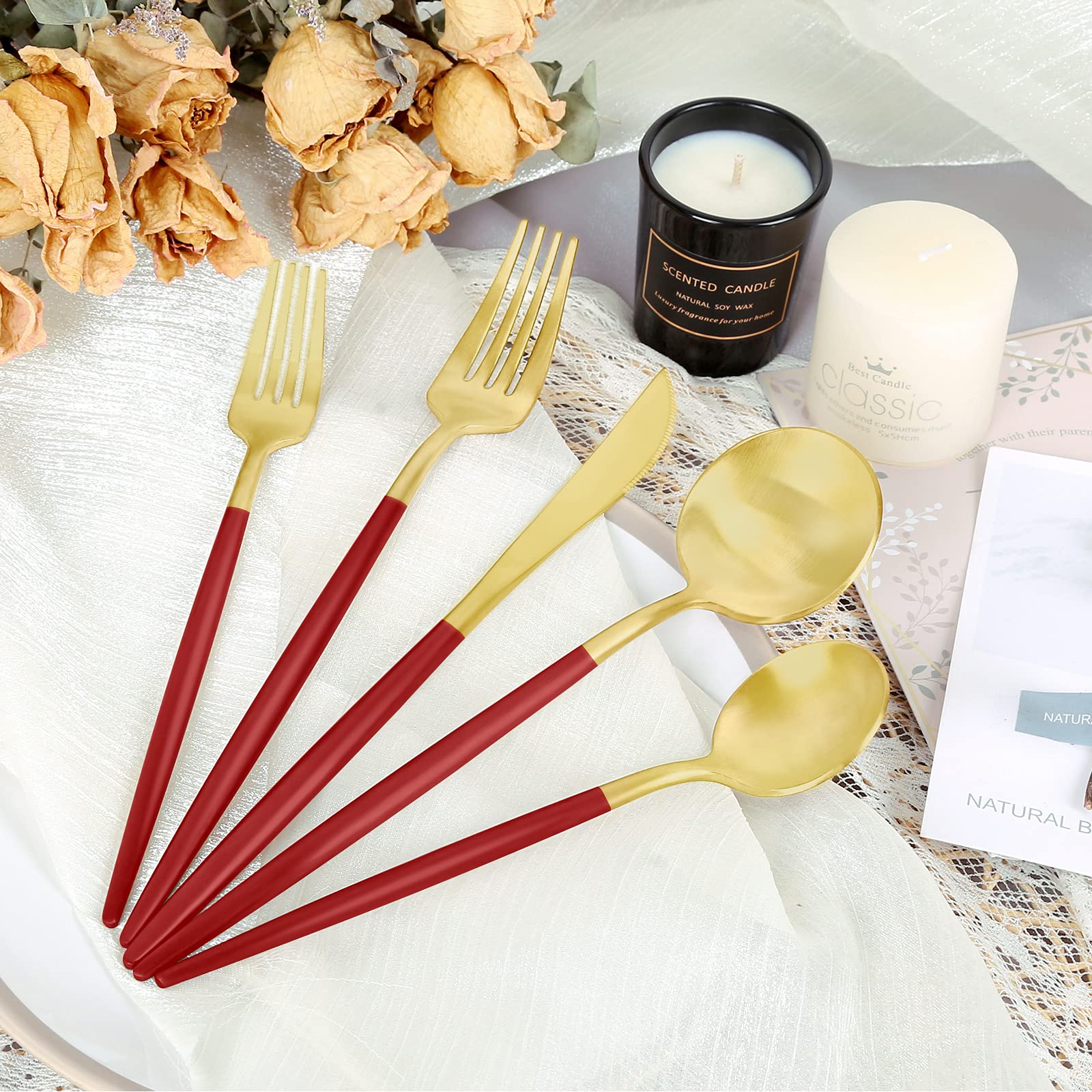 FAMEWARE 30-Piece Matte Red Gold Silverware Set - Stainless Steel Flatware for 6, Satin Finish Kitchen Utensils & Dishwasher Safe Tableware | Perfect for Dinner Parties, Wedding Gifts & Upscale Dining