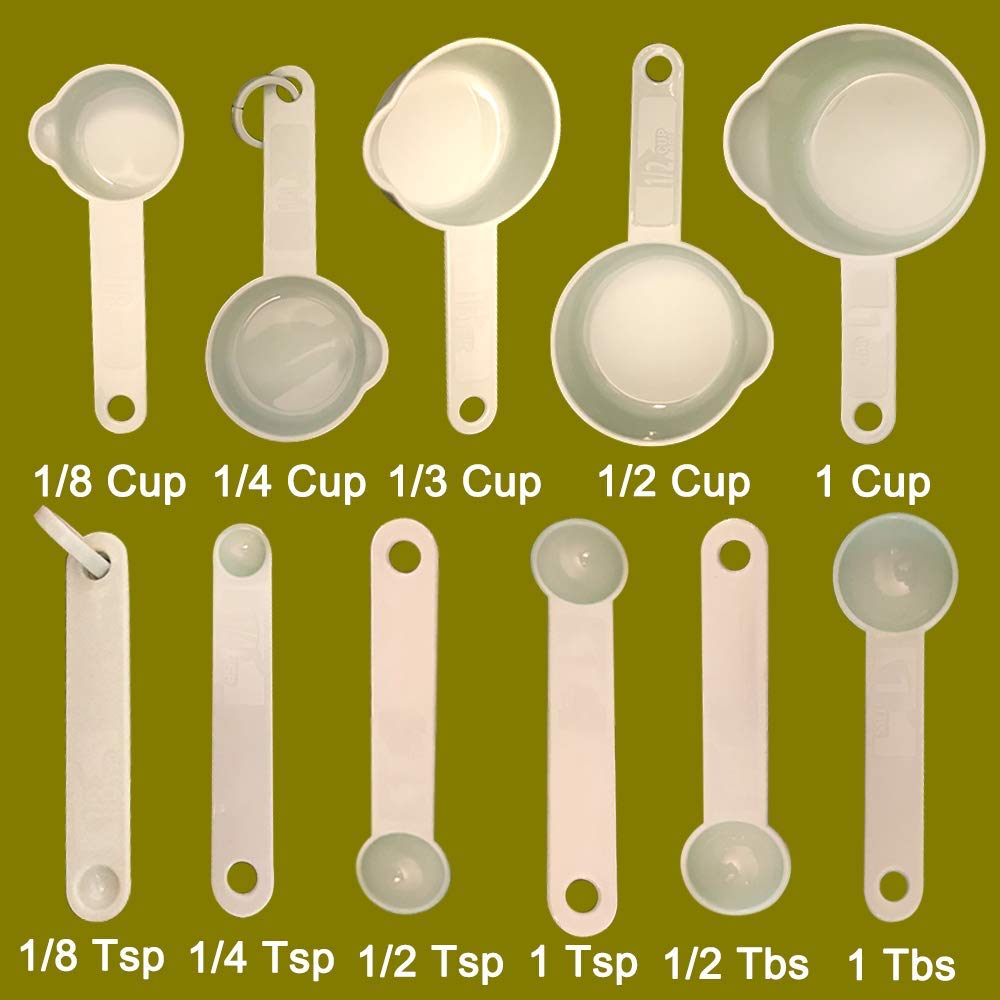 11-Piece Measuring Cups and Spoons Set - Durable Plastic, Nordic Colors (Green) - Includes 2 Kitchen Tool Hooks for Baking, Cooking & Meal Prep