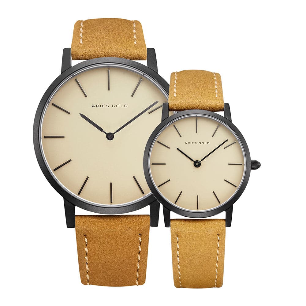 ARIES GOLD URBAN SANTOS G 1022 & L 1023 BK BEI Luxury Couple Watches Set - Perfect for Anniversaries, Weddings and Romantic Gifts