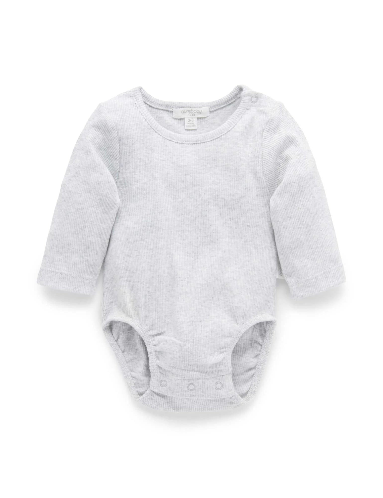 Purebaby Organic Cotton Ribbed Long Sleeve Bodysuit for Babies - Soft Grey Mélange - Perfect for Everyday Wear & Gentle Skin Care