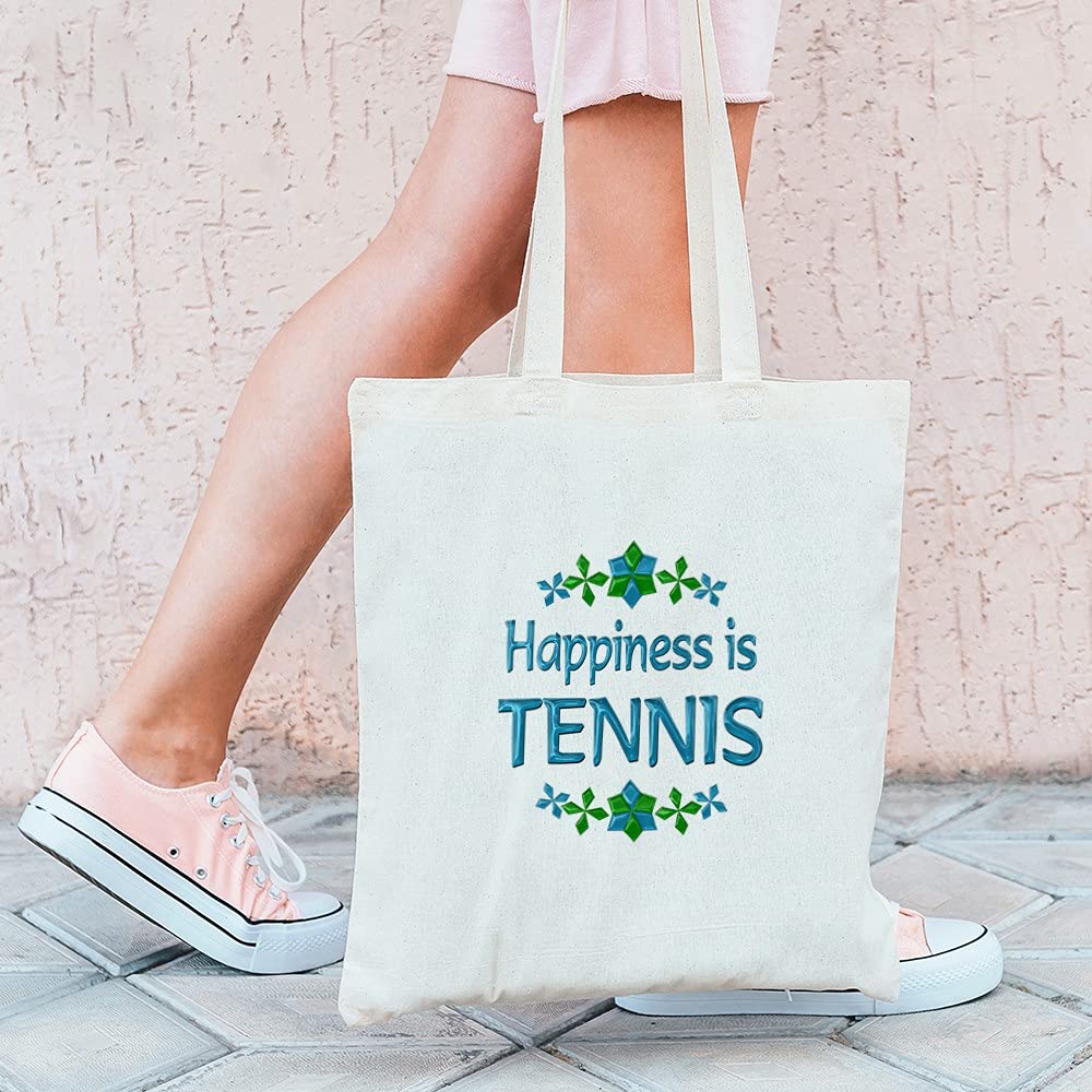 Happiness Tennis Tote Bag - Natural Canvas Reusable Shopping Bag for Women & Men - Eco-Friendly Grocery Tote for Sports, Beach, Work & Daily Use