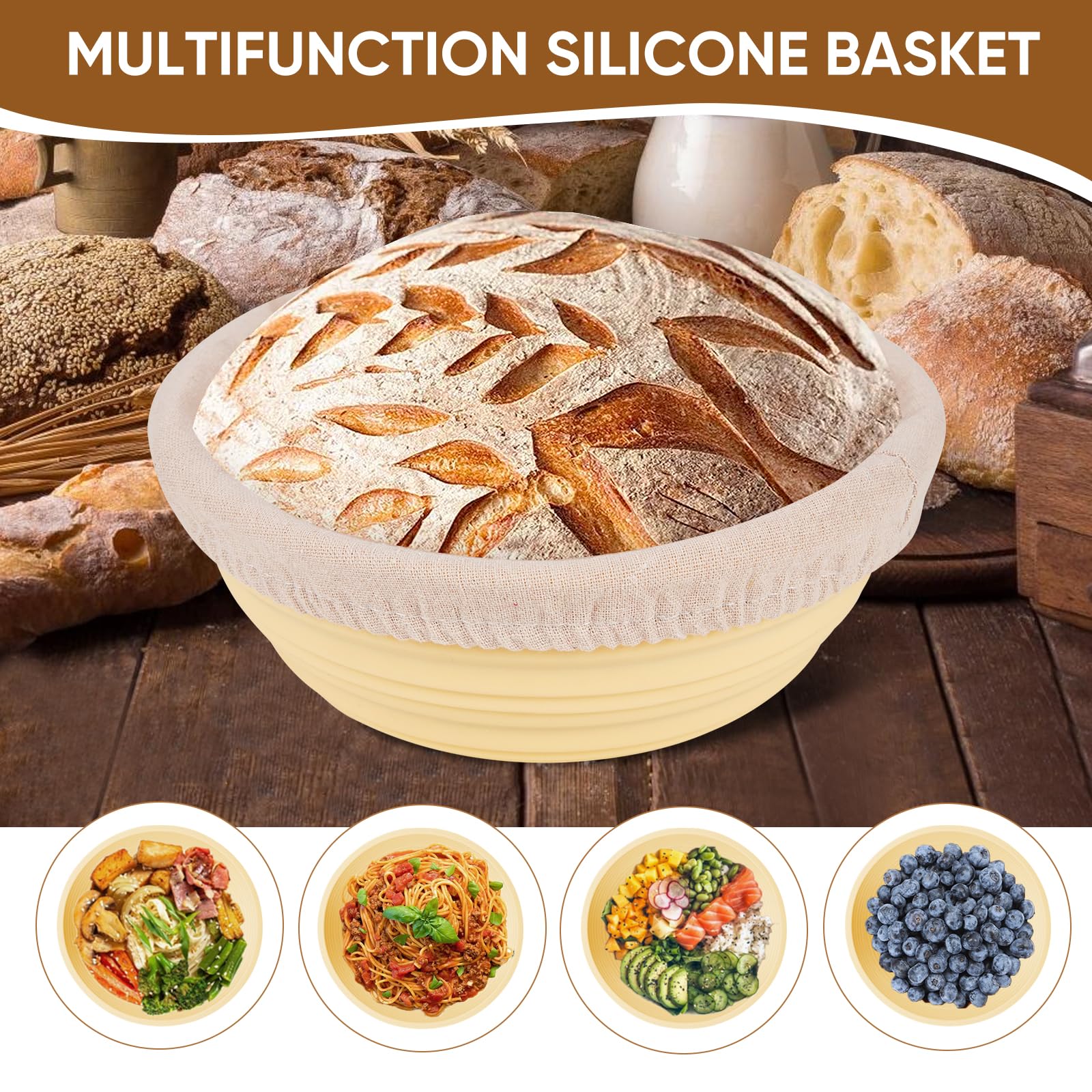 Silicone Banneton Proofing Basket Set - 9'' Dough Rising Bowl with 5-Piece Sourdough Scoring Tools Kit for Artisan Bread Baking | Perfect for Sourdough, Banneton, Danish Dough & Lame Bread | Home Bakery Essentials (Beige)