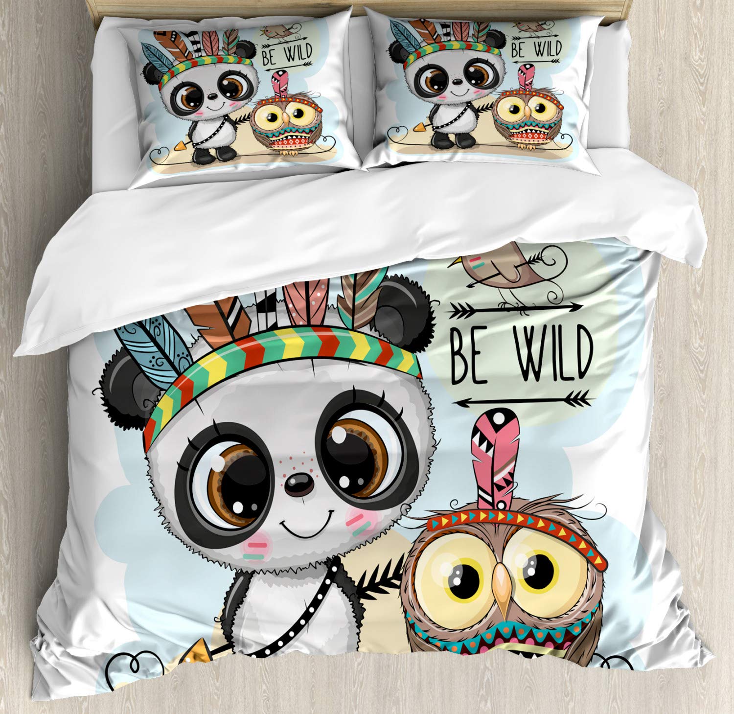 Ambesonne Wild Bohemian Duvet Cover Set - King Size 3 Piece Tribal Panda Owl Bird Feather Print Bedding with 2 Pillow Shams | Colorful Home Decor for Bohemian, Eclectic & Nature-Inspired Bedrooms