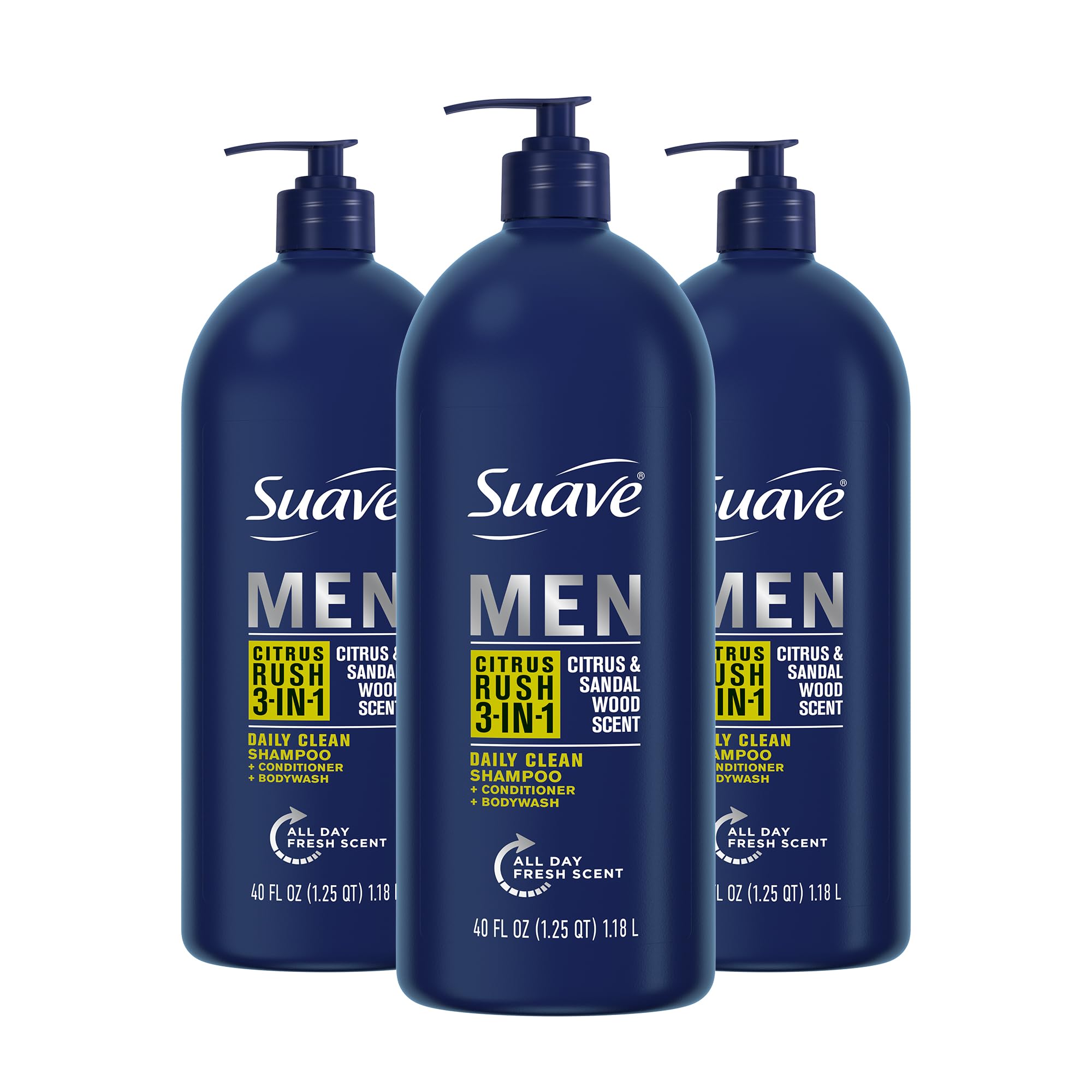 Suave Men's 3-in-1 Shampoo, Conditioner & Body Wash - Citrus & Sandalwood Scent for Hair & Skin Care, 40 oz (Pack of 3) | Refreshing Daily Shower Gel for Gym, Travel & Home Use