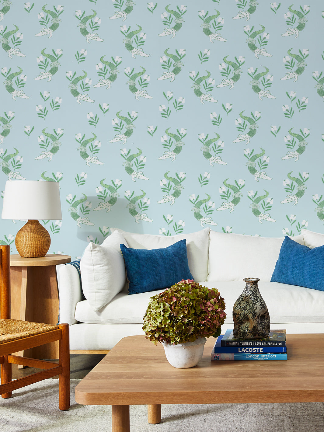 Gator Garden Wallpaper by Tea Collection - Pale Blue Floral Design for Nursery, Kids Room & Home Decor