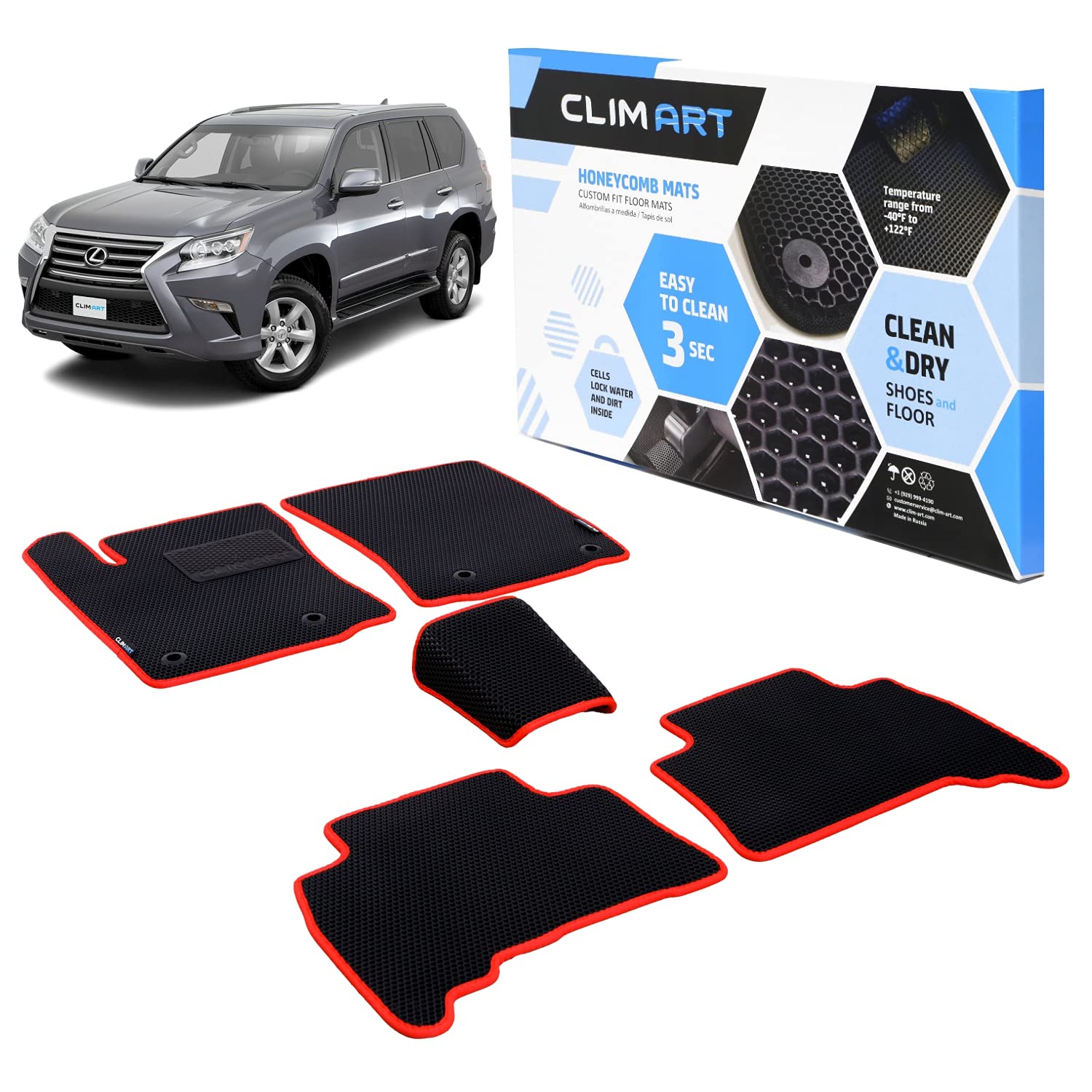 Premium All-Weather Honeycomb Custom Fit Floor Mats for Lexus GX 2014-2022 & Toyota 4Runner 2013-2022 - 1st & 2nd Row Car Floor Liners - Durable Black/Red Auto Accessories for Men & Women - Perfect for Off-Roading, Daily Commuting & Family Road Trips