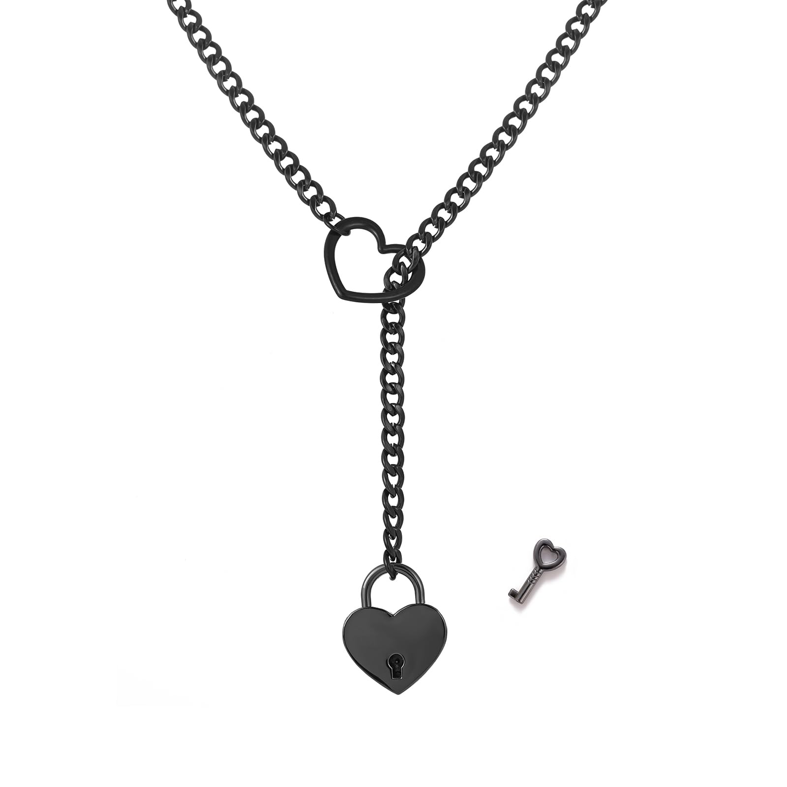 Stainless Steel Heart O-Ring Slip Chain Necklace for Women & Men - Adjustable Cuban Link Bar Lariat Y Necklace Punk Rock Collar Jewelry - Perfect for Casual Wear, Gifts, and Rock Fashion Accessories