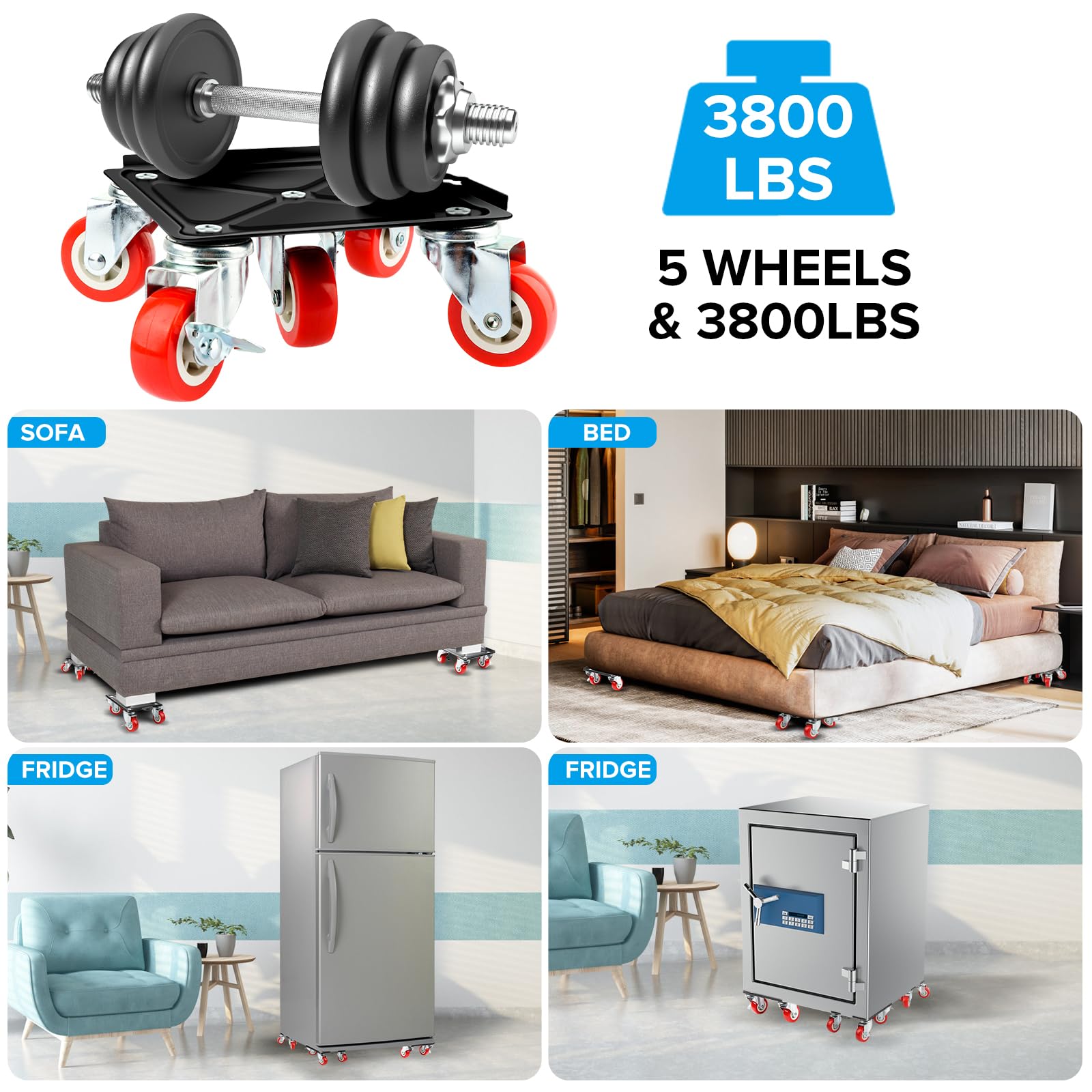 Heavy Duty Furniture Dolly with 5 Rotatable 360° Wheels - 3800LBS Capacity Carbon Steel Moving Dolly for Sofa, Piano & Appliances - Perfect for Home Moving, Warehouse & Office Relocation