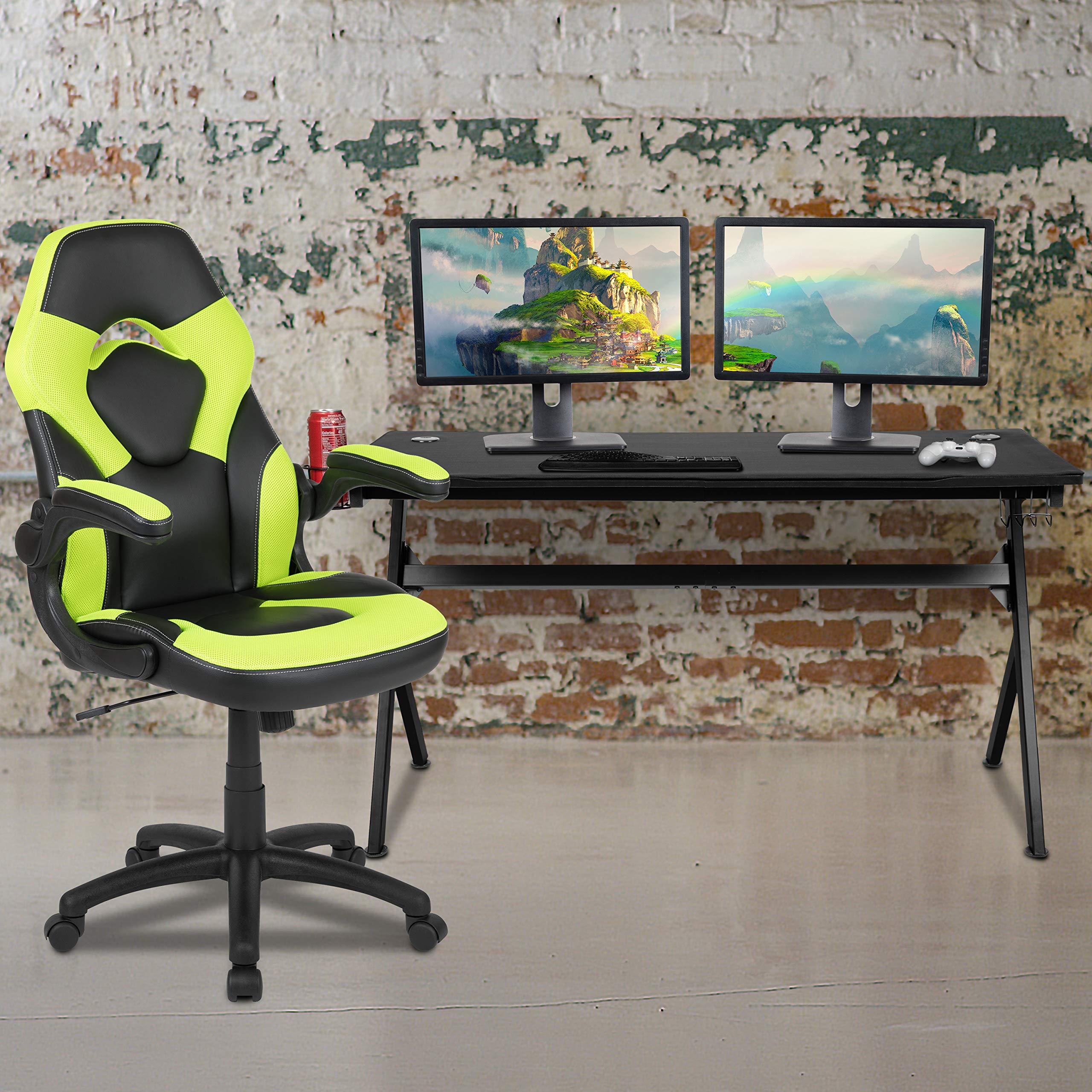 Flash Furniture Gaming Desk with Green & Black Racing Chair Set - Cup Holder, Headphone Hook, Removable Mouse Pad & 2 Cable Management Holes | Perfect for PC Gaming Setup, Home Office & Esports Tournaments