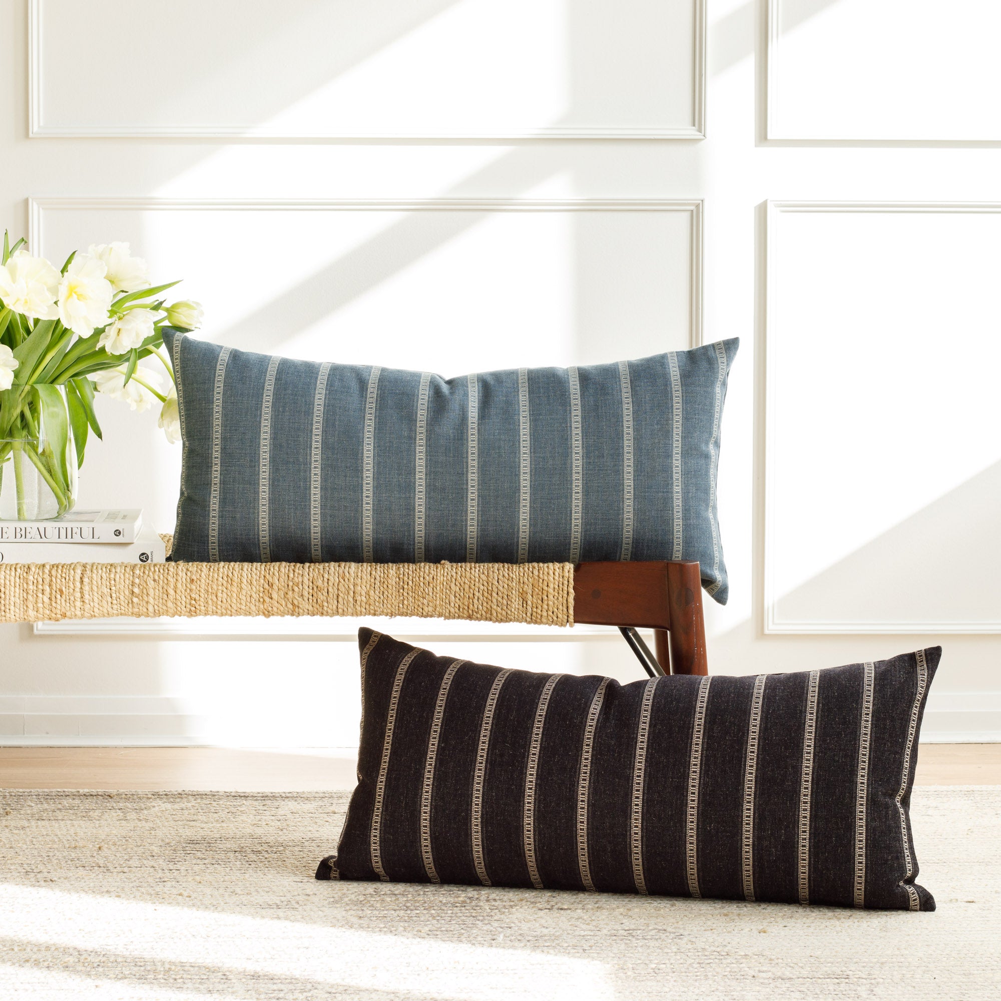 Brunswick Stripe 15x32 XL Lumbar Pillow in Chambray Blue - Perfect for Sofa, Bed & Office Chair Back Support